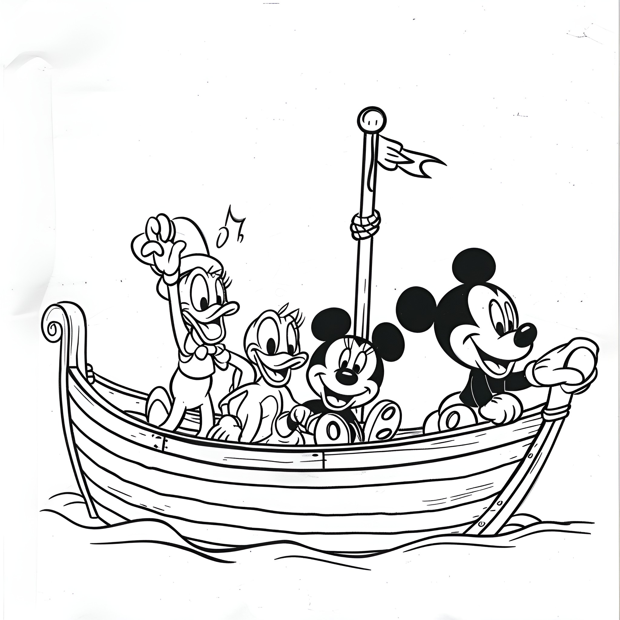 Disney Characters Sailing on a Boat Drawing Idea (free black-and-white line drawing printable PDF for all, from beginners to advanced learners, including children, teens, adults, and seniors)