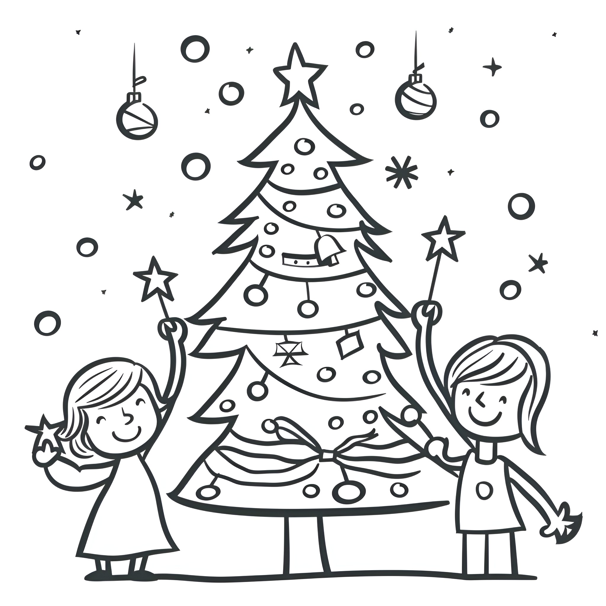 Christmas Card with Children Decorating the Tree Drawing Idea (free black-and-white line drawing printable PDF for all, from beginners to advanced learners, including children, teens, adults, and seniors)