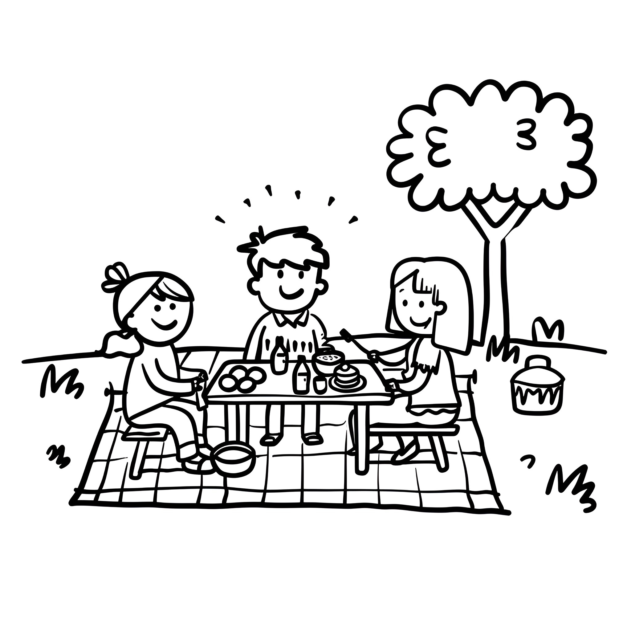 Birthday Card Family Enjoying Outdoor Picnic Drawing Idea (free black-and-white line drawing printable PDF for all, from beginners to advanced learners, including children, teens, adults, and seniors)