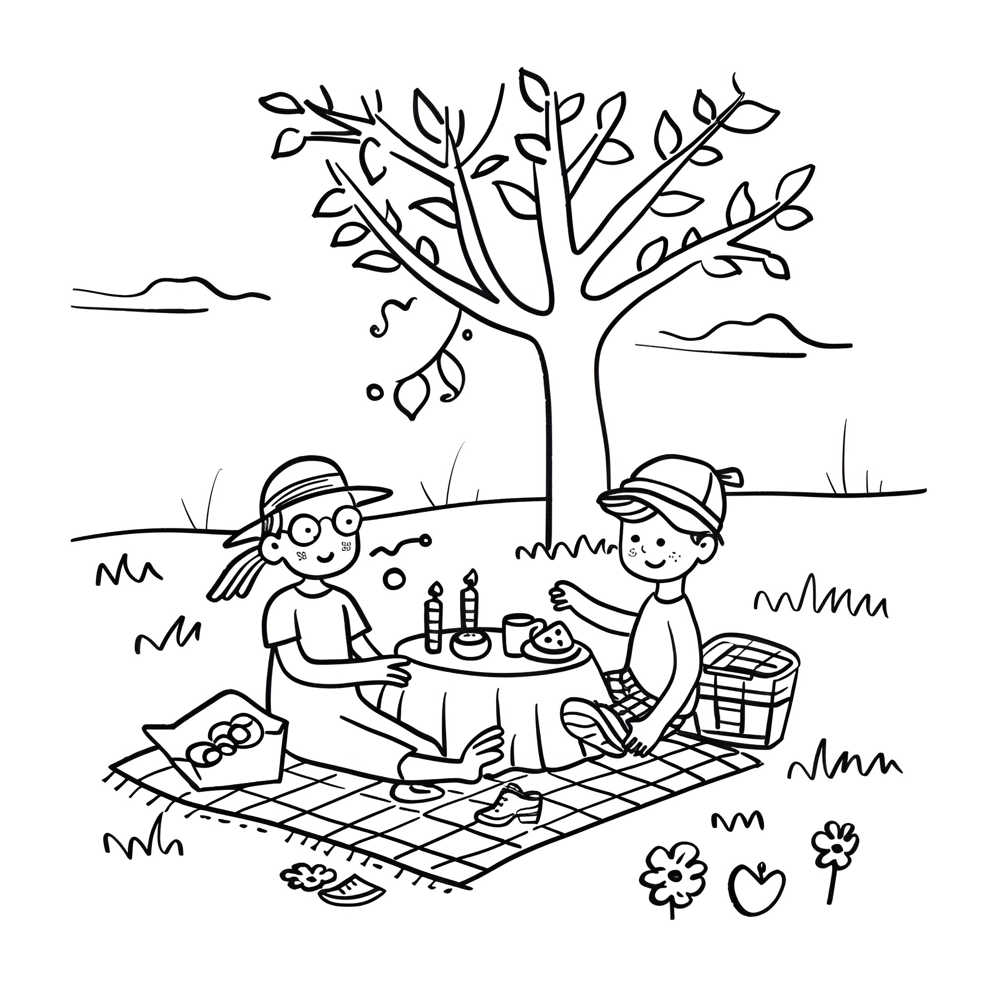 Birthday Card with Picnic Scene Drawing Idea (free black-and-white line drawing printable PDF for all, from beginners to advanced learners, including children, teens, adults, and seniors)