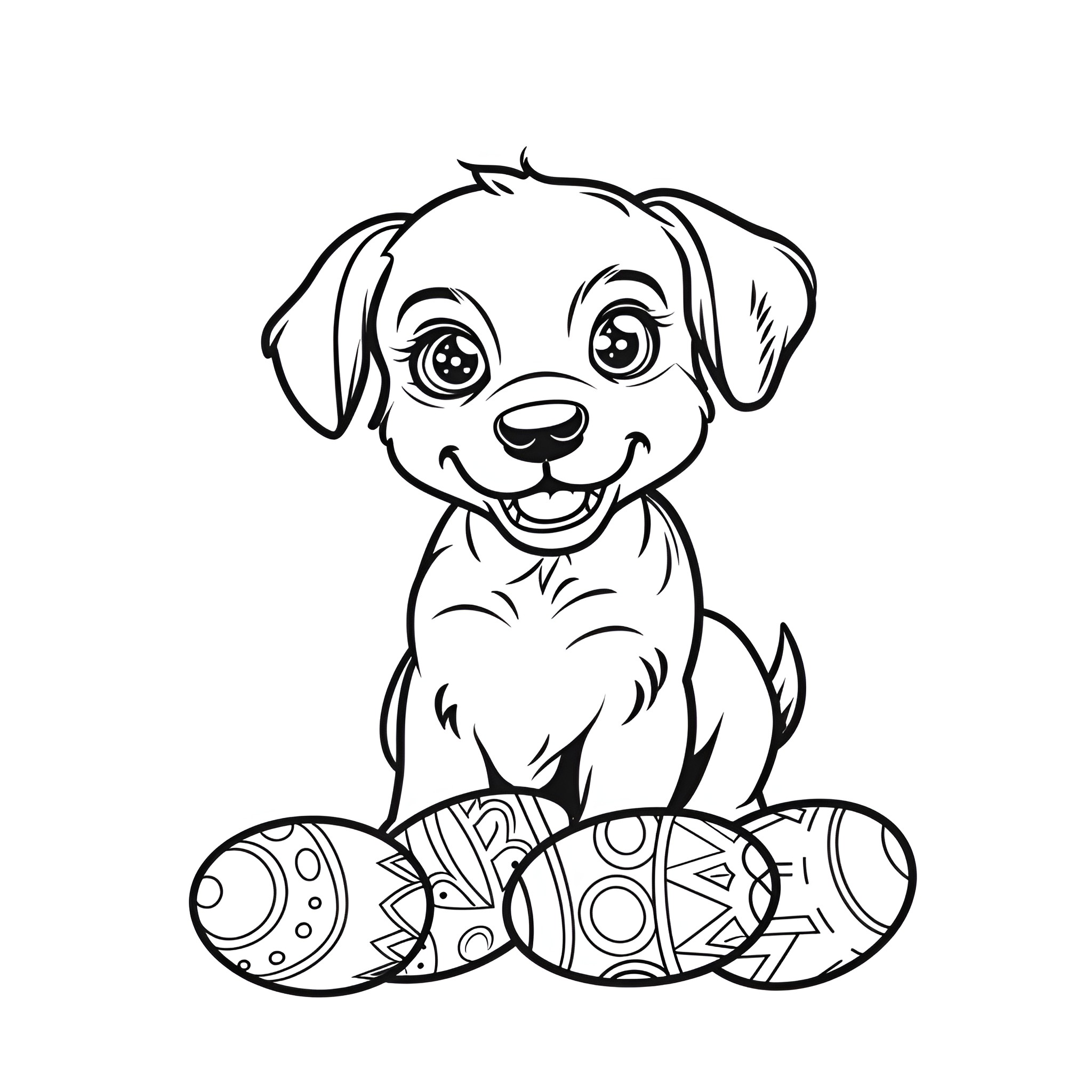 Easter puppy with decorated eggs Drawing Idea (free black-and-white line drawing printable PDF for all, from beginners to advanced learners, including children, teens, adults, and seniors)