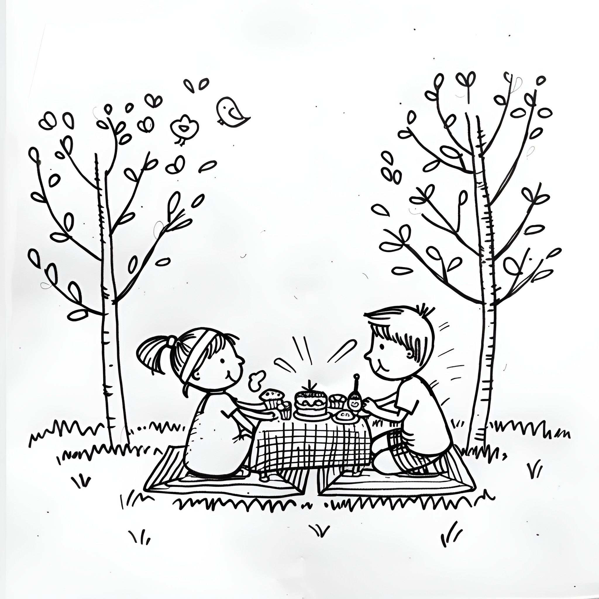 Birthday Card: Children sharing a cake in a natural setting Drawing Idea (free black-and-white line drawing printable PDF for all, from beginners to advanced learners, including children, teens, adults, and seniors)