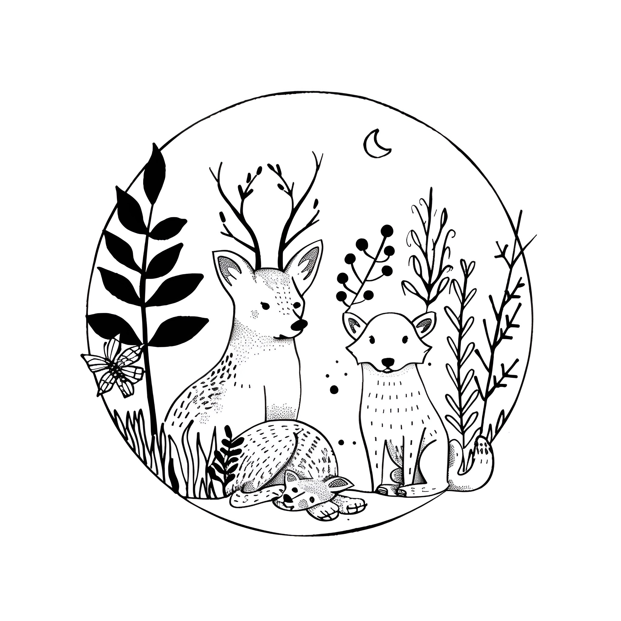 Nature's Forest Companions Drawing Idea (free black-and-white line drawing printable PDF for all, from beginners to advanced learners, including children, teens, adults, and seniors)