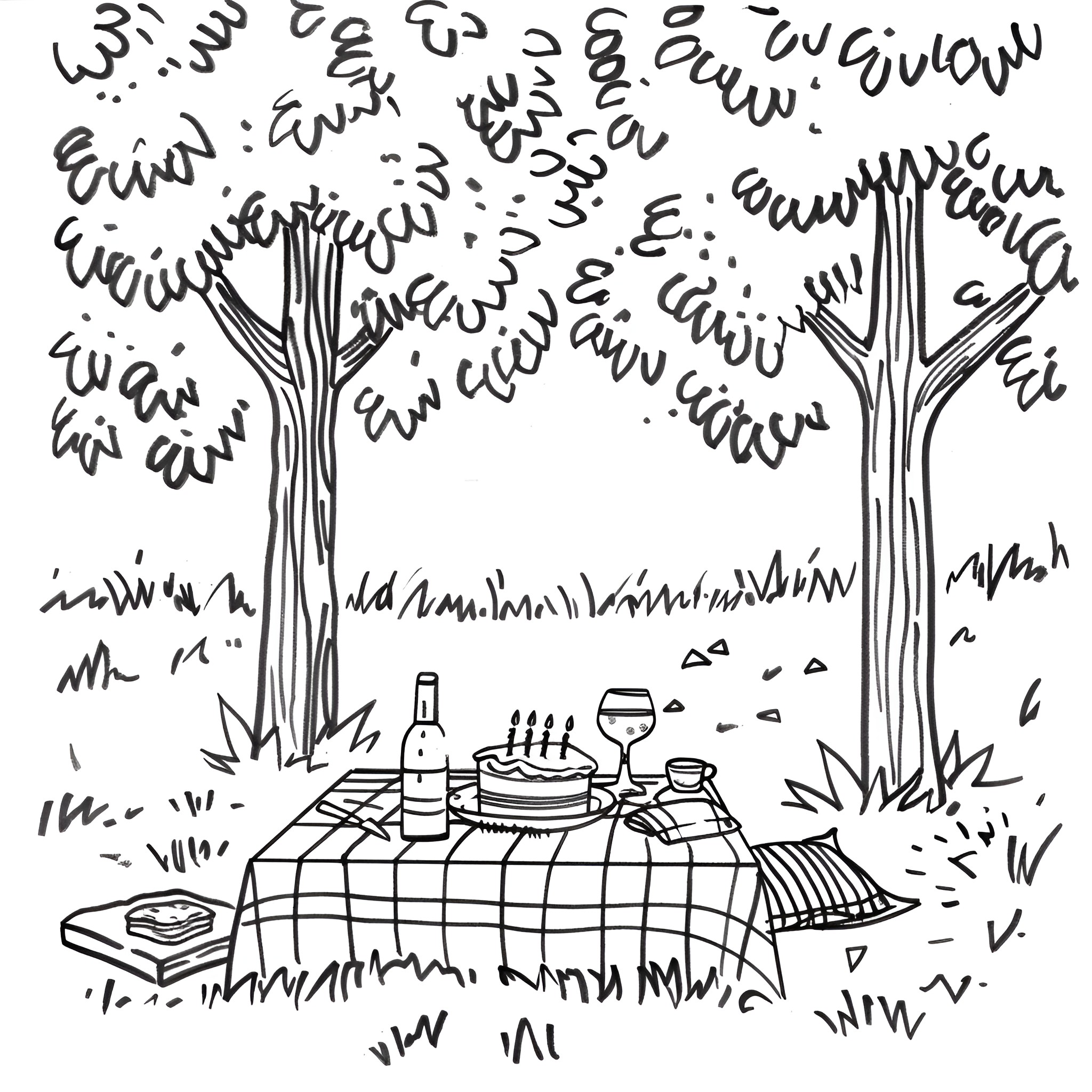 Birthday Card - Outdoor Picnic Celebration Drawing Idea (free black-and-white line drawing printable PDF for all, from beginners to advanced learners, including children, teens, adults, and seniors)