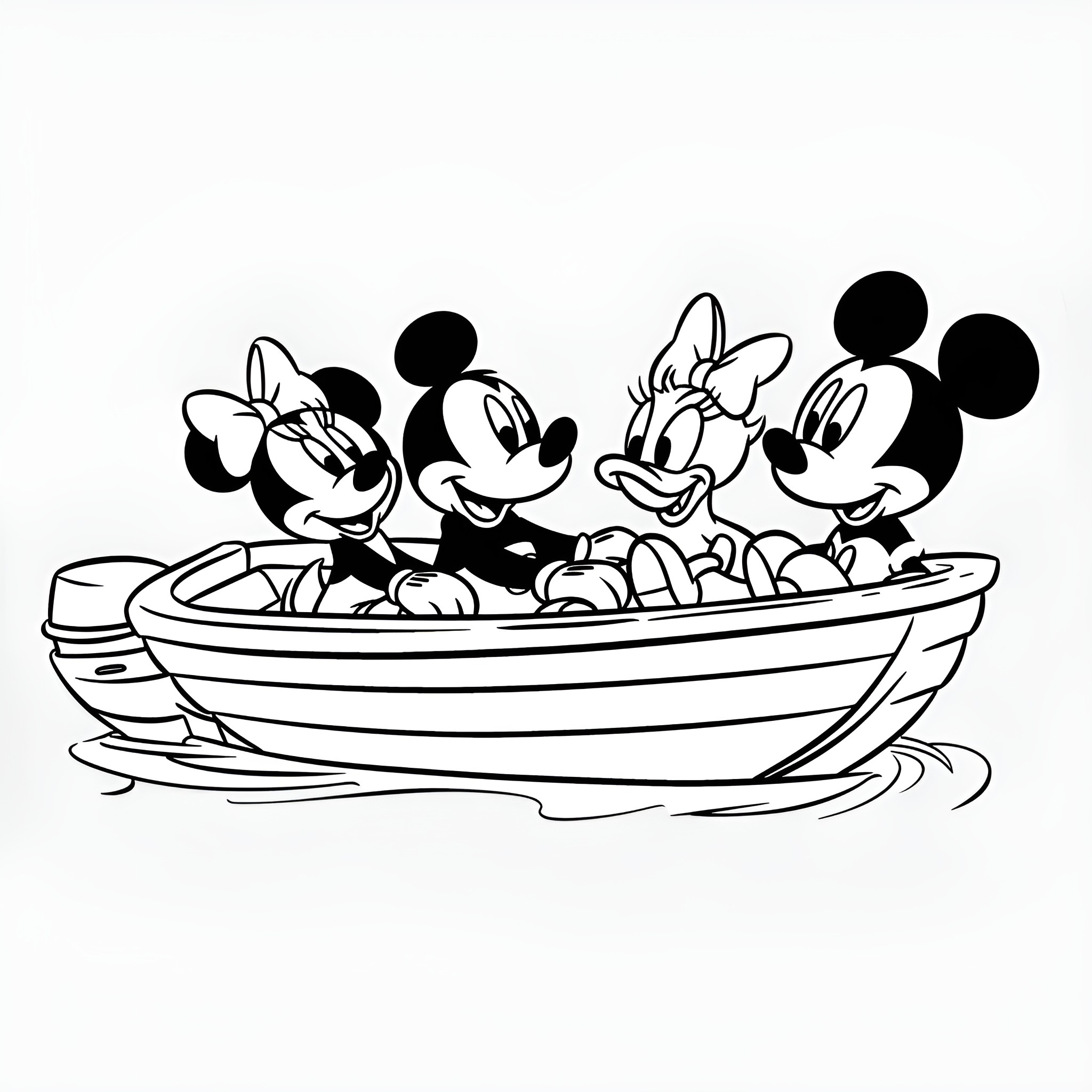 Disney characters sailing in a boat Drawing Idea (free black-and-white line drawing printable PDF for all, from beginners to advanced learners, including children, teens, adults, and seniors)