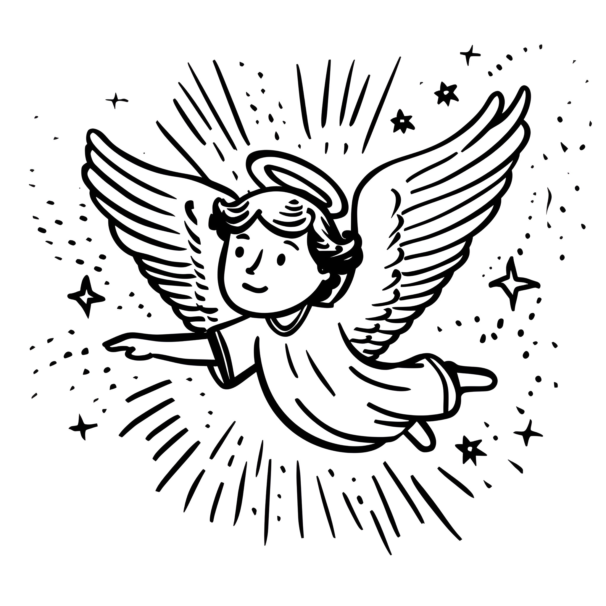 Christmas Card with Angel Flying Drawing Idea (free black-and-white line drawing printable PDF for all, from beginners to advanced learners, including children, teens, adults, and seniors)