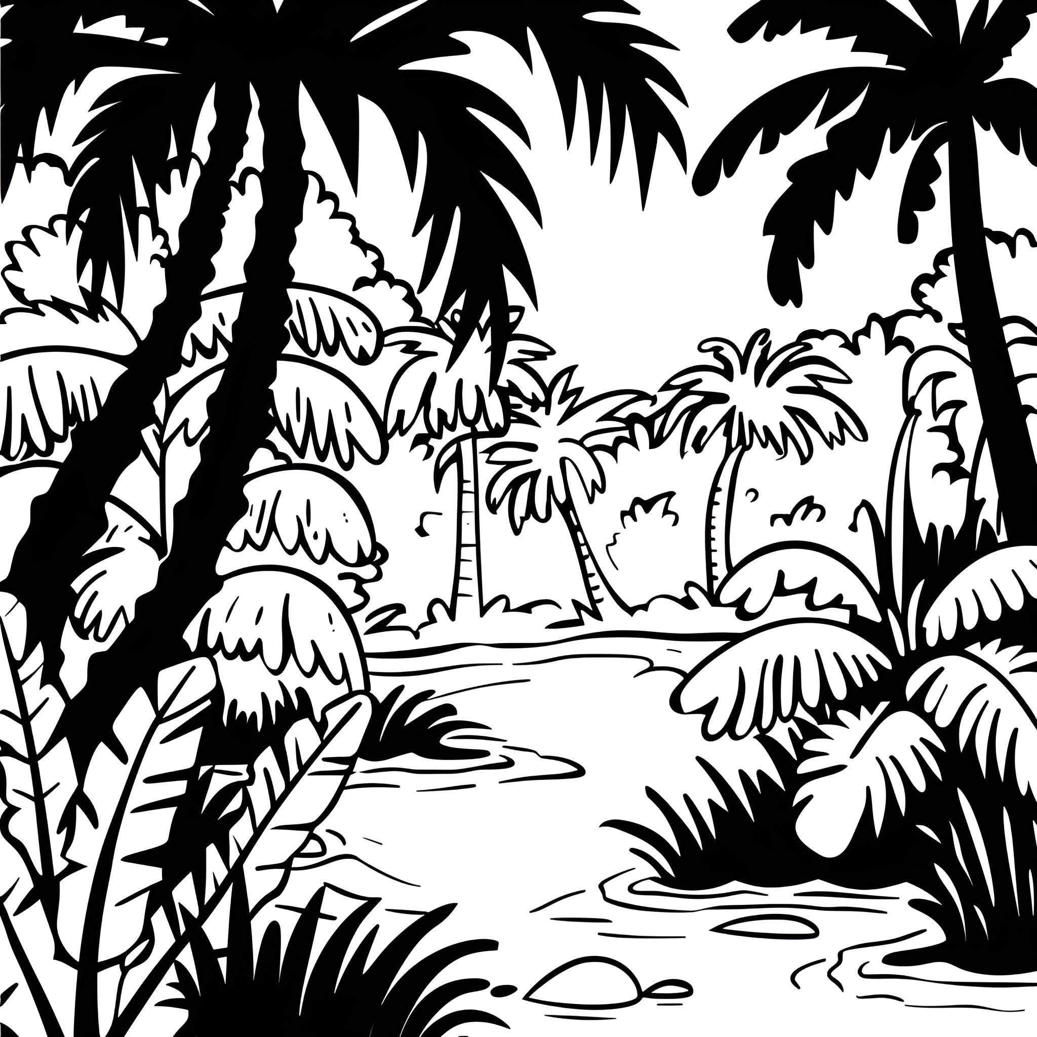 Nature's Tropical Landscape Drawing Idea (free black-and-white line drawing printable PDF for all, from beginners to advanced learners, including children, teens, adults, and seniors)