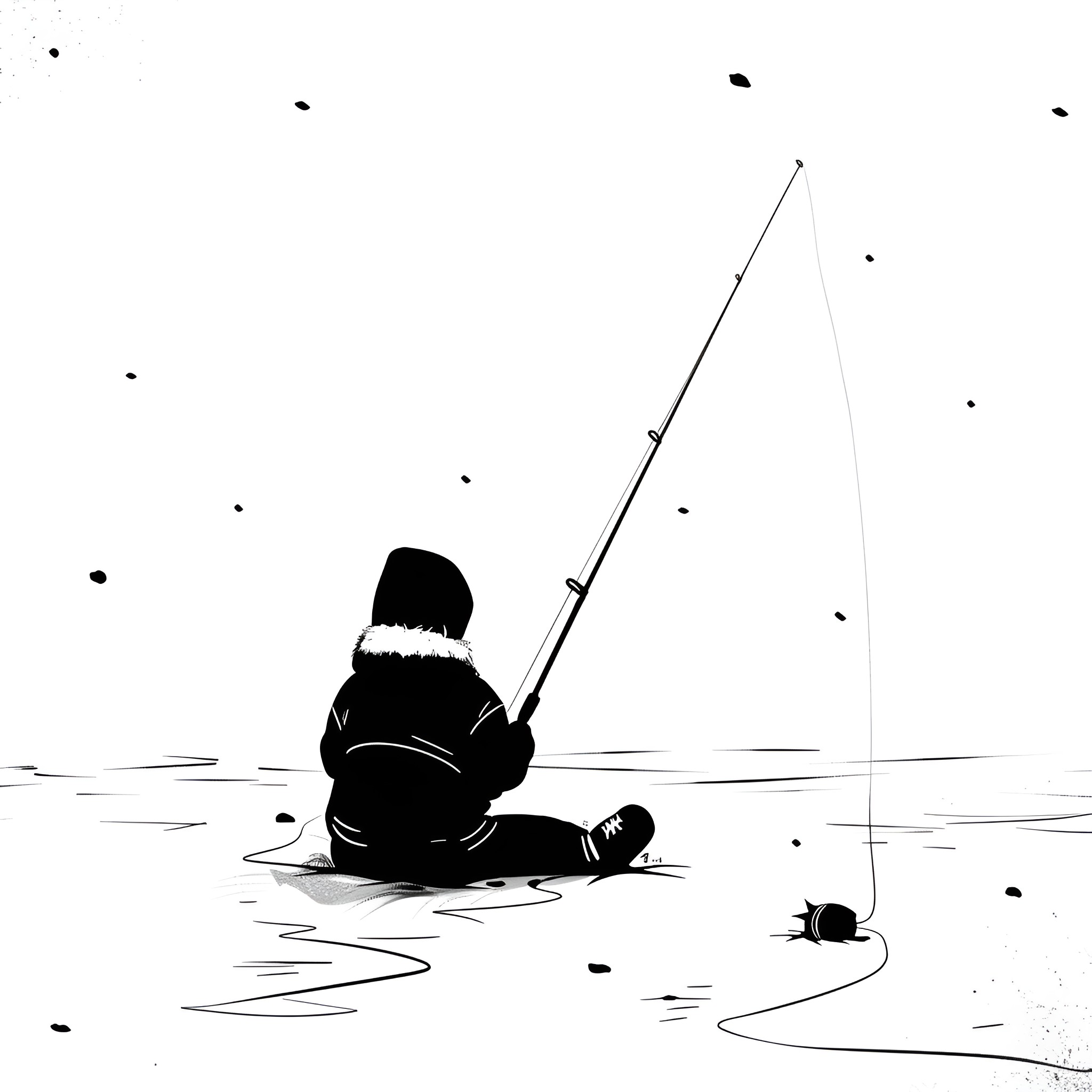 Winter fisherman enjoying the catch Drawing Idea (free black-and-white line drawing printable PDF for all, from beginners to advanced learners, including children, teens, adults, and seniors)