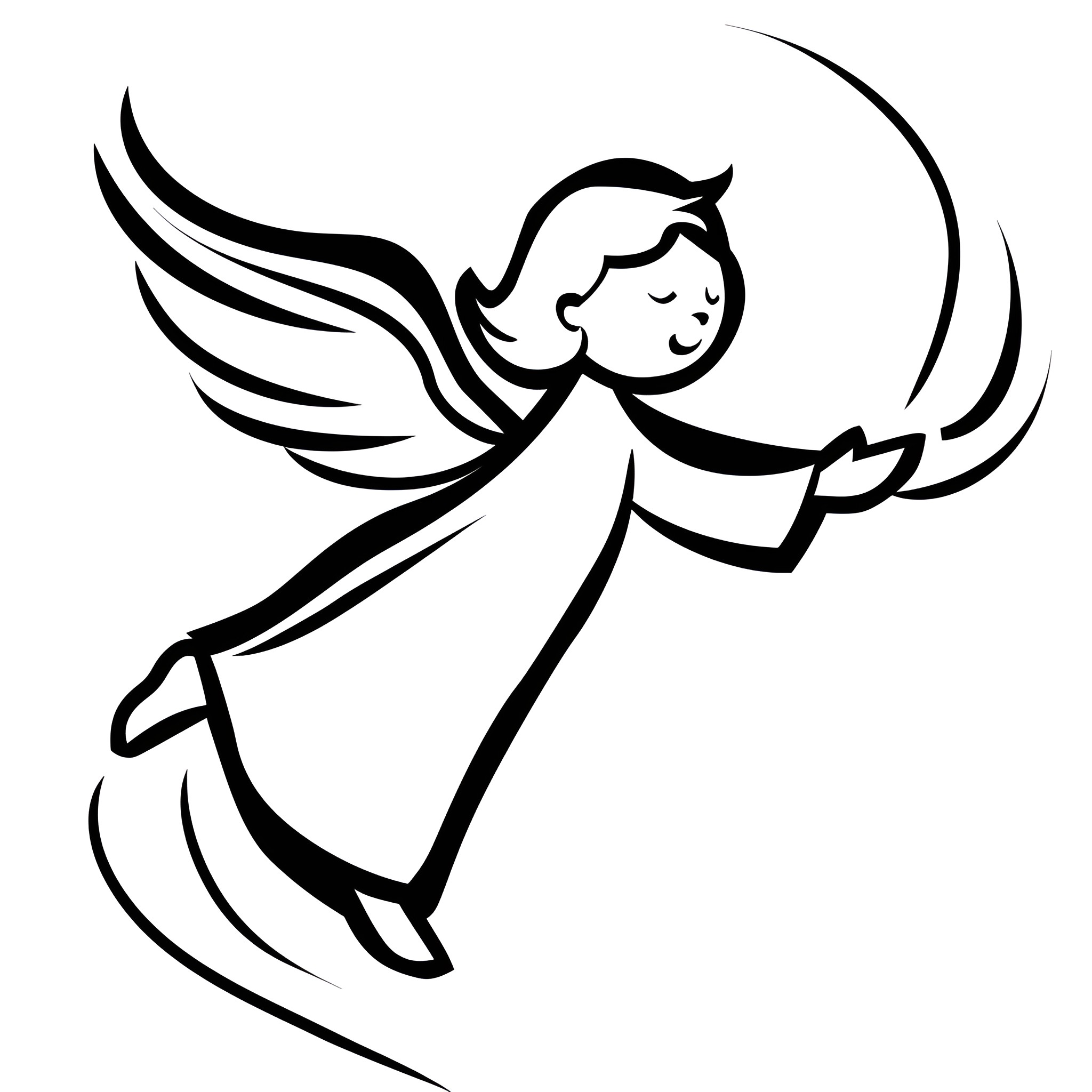 Christmas Card Depicting Peaceful Angel Drawing Idea (free black-and-white line drawing printable PDF for all, from beginners to advanced learners, including children, teens, adults, and seniors)