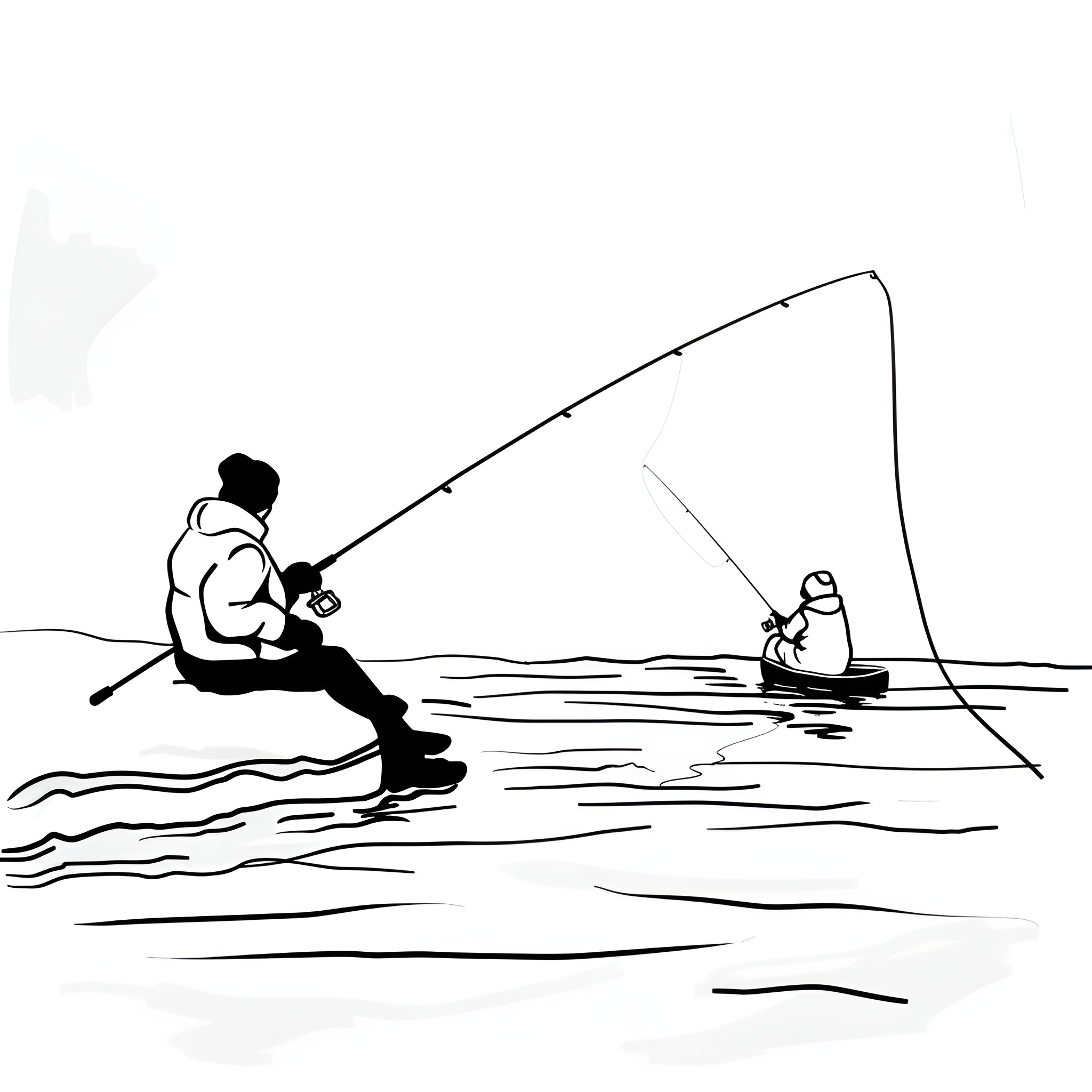 Winter anglers enjoying a day of fishing Drawing Idea (free black-and-white line drawing printable PDF for all, from beginners to advanced learners, including children, teens, adults, and seniors)