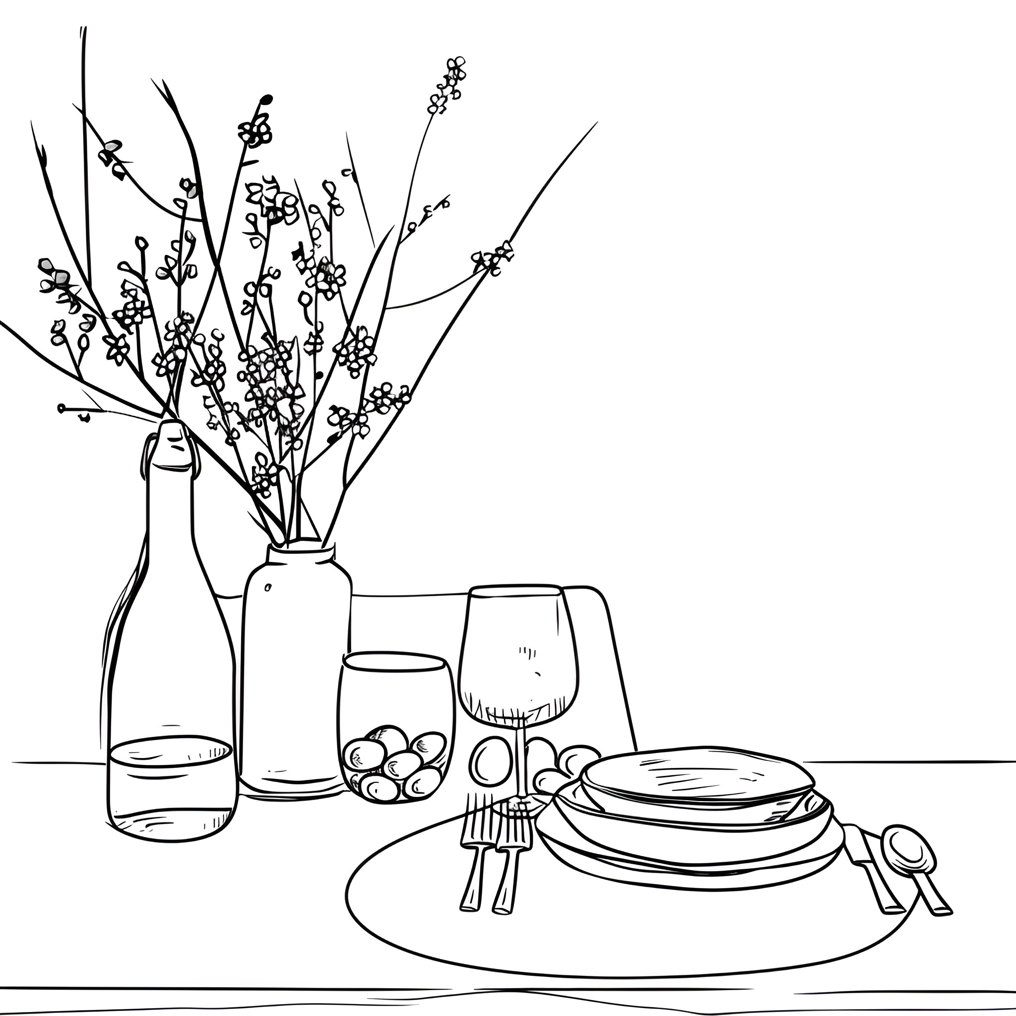 Easter table setting and seasonal decor Drawing Idea (free black-and-white line drawing printable PDF for all, from beginners to advanced learners, including children, teens, adults, and seniors)