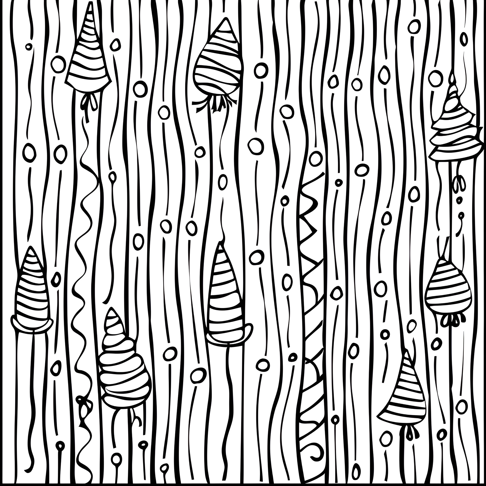 Birthday Card with Whimsical Patterns Drawing Idea (free black-and-white line drawing printable PDF for all, from beginners to advanced learners, including children, teens, adults, and seniors)