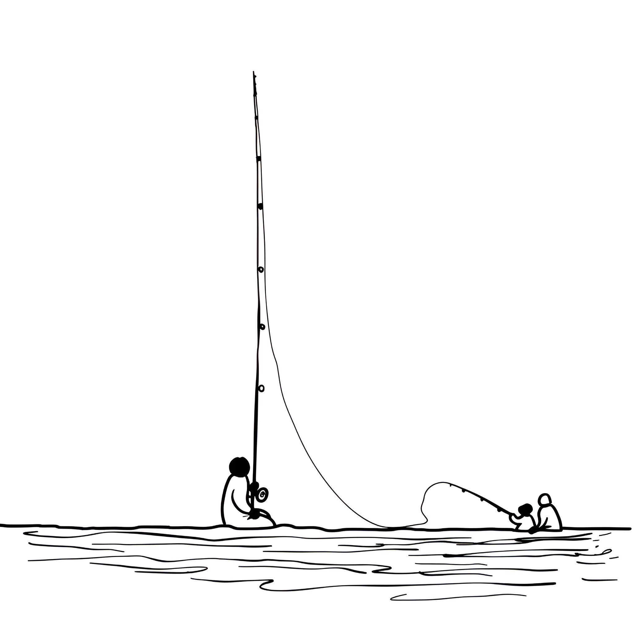 Winter fishermen silhouettes on lake Drawing Idea (free black-and-white line drawing printable PDF for all, from beginners to advanced learners, including children, teens, adults, and seniors)