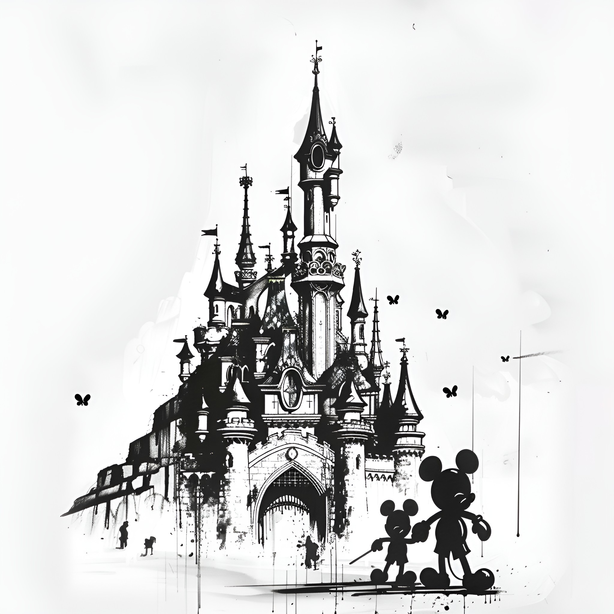 Disney's Whimsical Castle Silhouette Drawing Idea (free black-and-white line drawing printable PDF for all, from beginners to advanced learners, including children, teens, adults, and seniors)