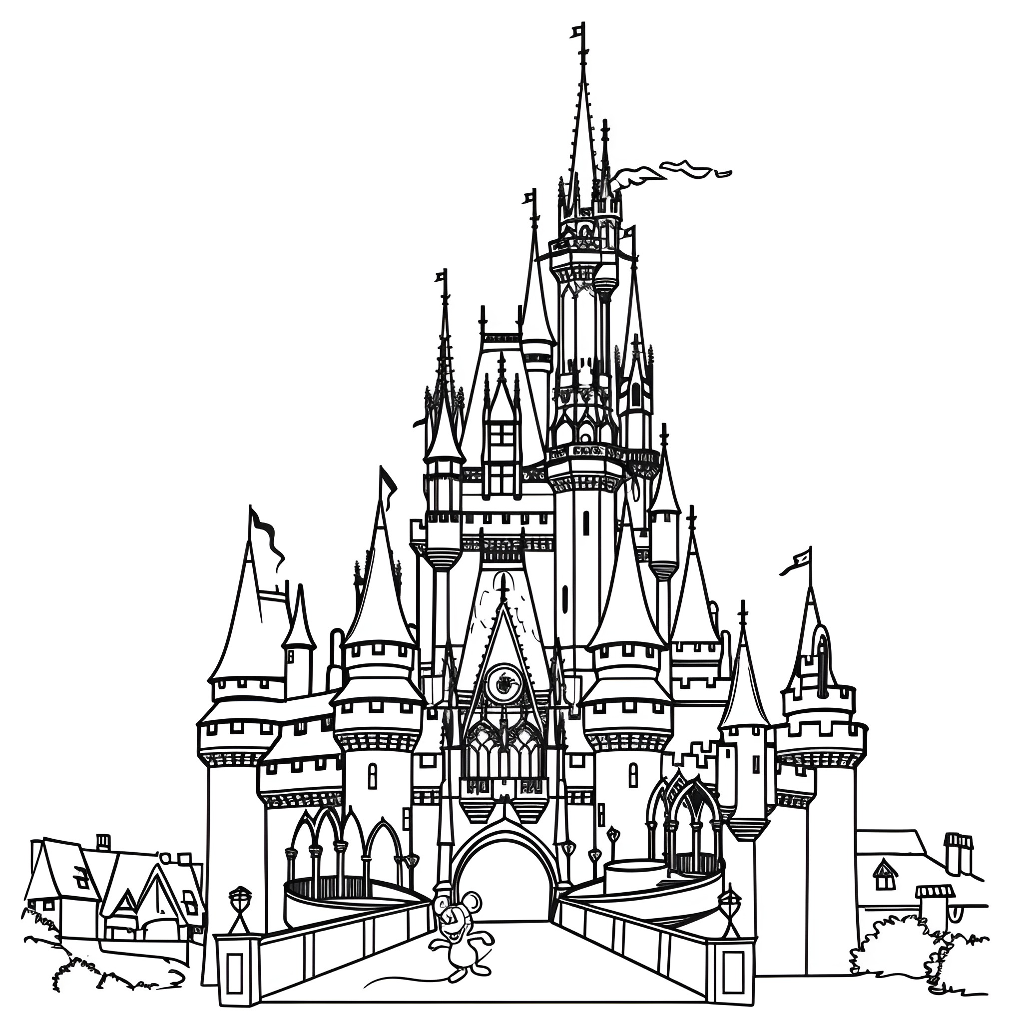 Disney castle with dramatic architecture Drawing Idea (free black-and-white line drawing printable PDF for all, from beginners to advanced learners, including children, teens, adults, and seniors)