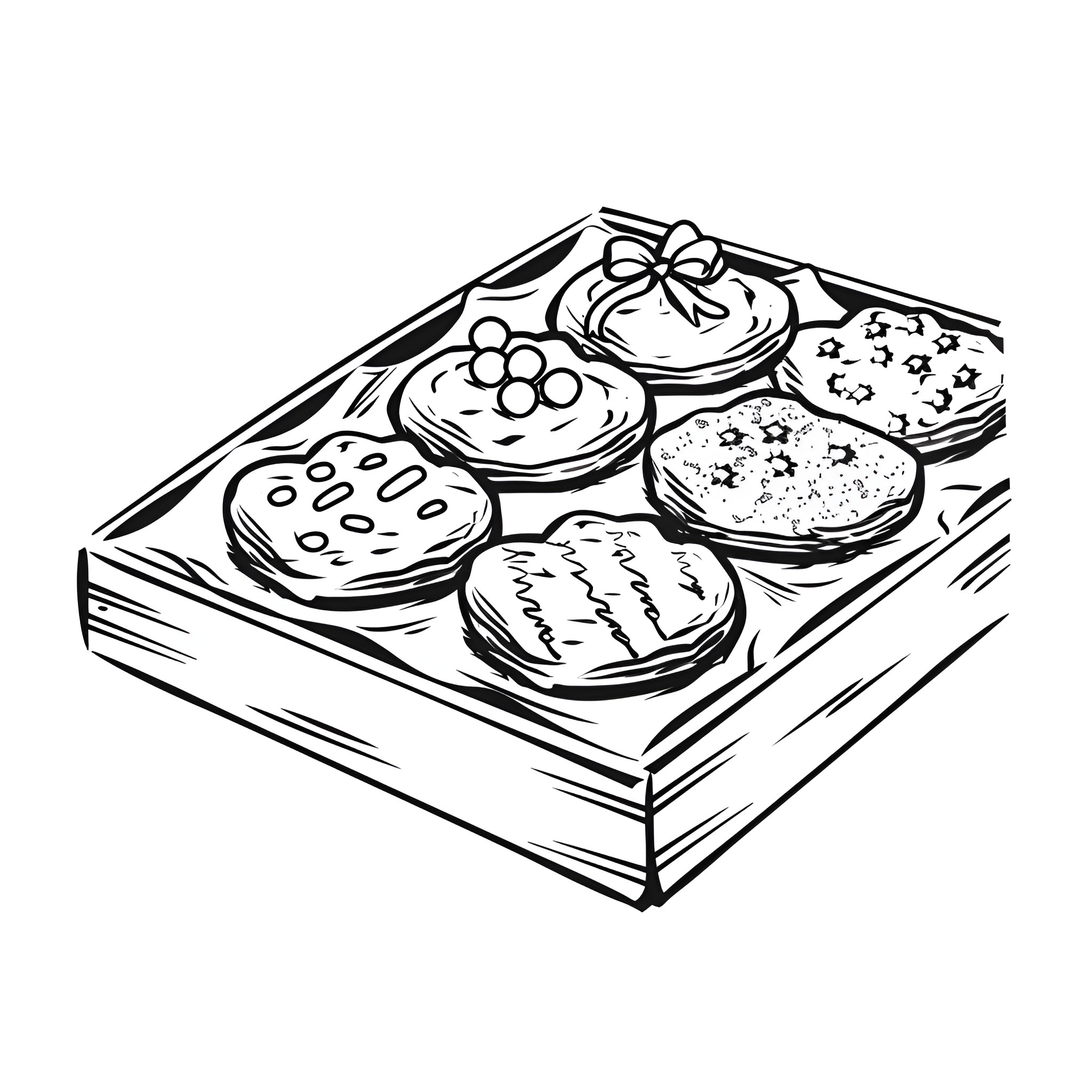 Christmas Card with Assorted Holiday Cookies Drawing Idea (free black-and-white line drawing printable PDF for all, from beginners to advanced learners, including children, teens, adults, and seniors)