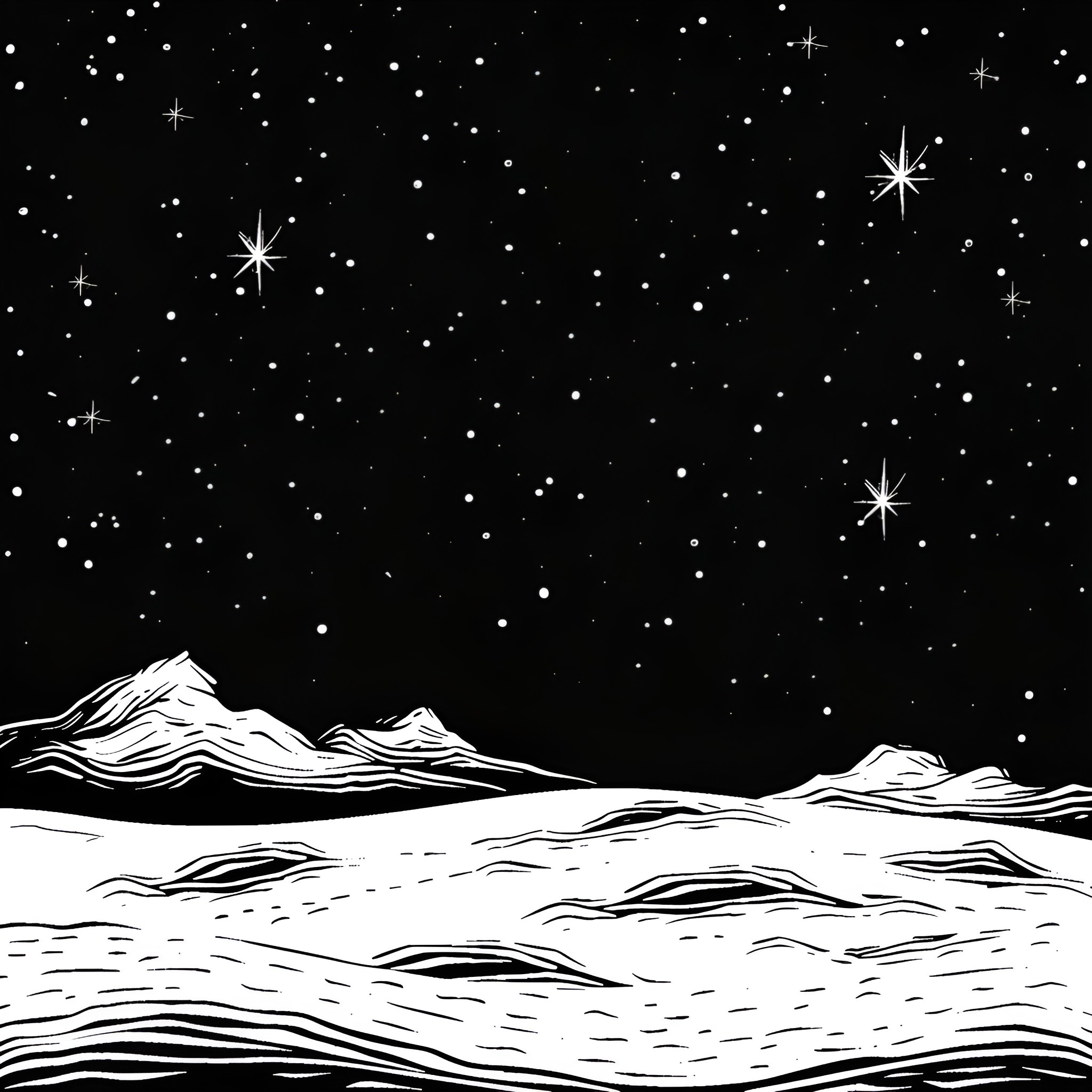 Winter starry night over snowy landscape Drawing Idea (free black-and-white line drawing printable PDF for all, from beginners to advanced learners, including children, teens, adults, and seniors)