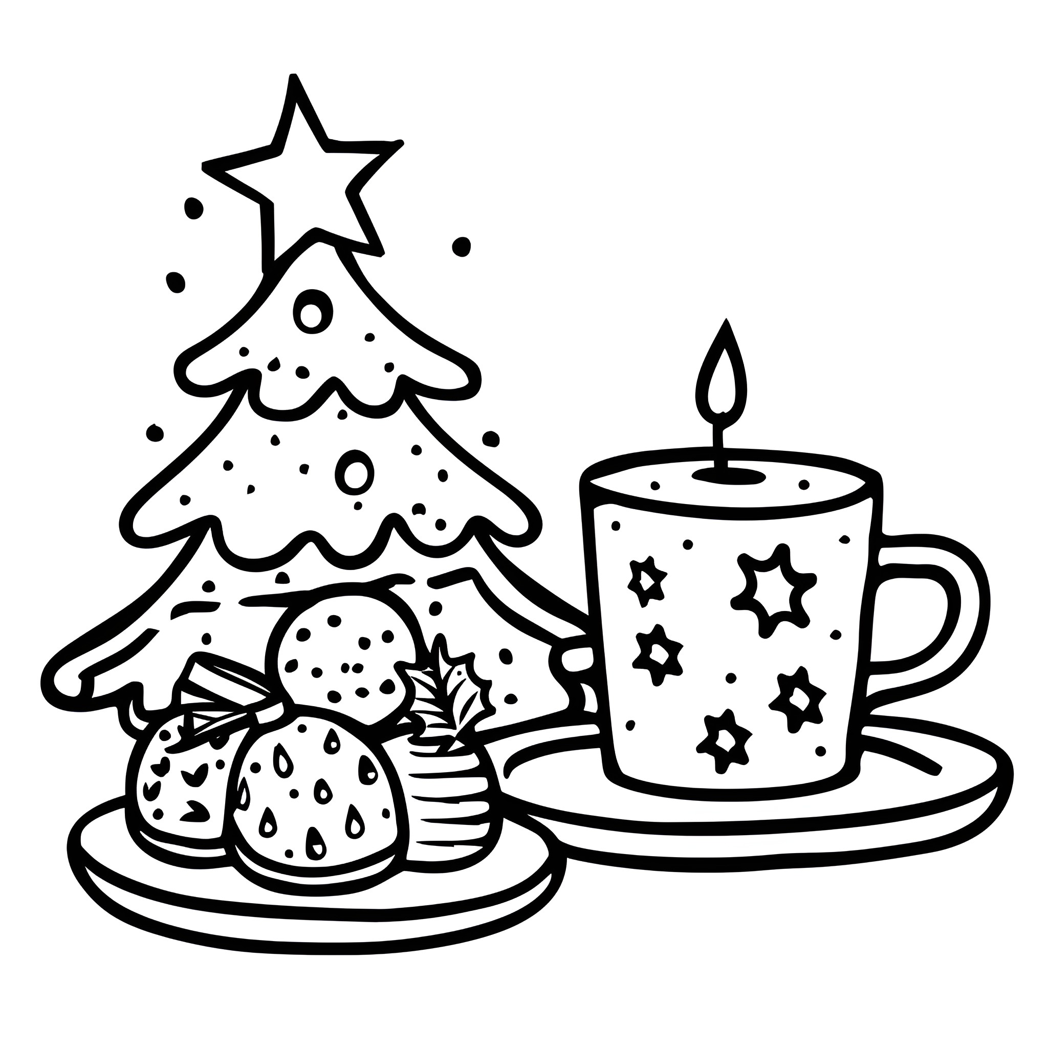 Christmas Card with Festive Treats and Decor Drawing Idea (free black-and-white line drawing printable PDF for all, from beginners to advanced learners, including children, teens, adults, and seniors)