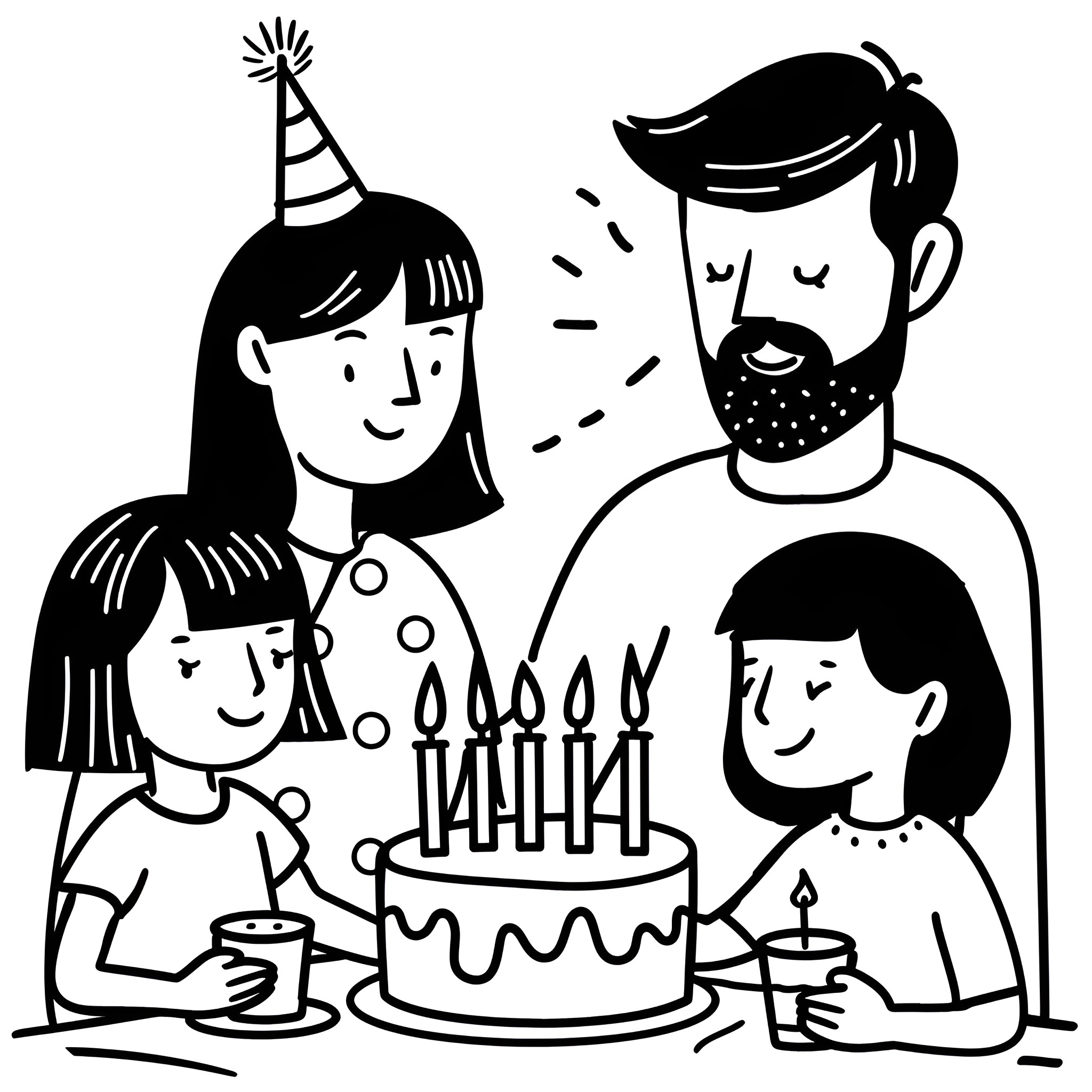 Birthday Card celebrating family together Drawing Idea (free black-and-white line drawing printable PDF for all, from beginners to advanced learners, including children, teens, adults, and seniors)