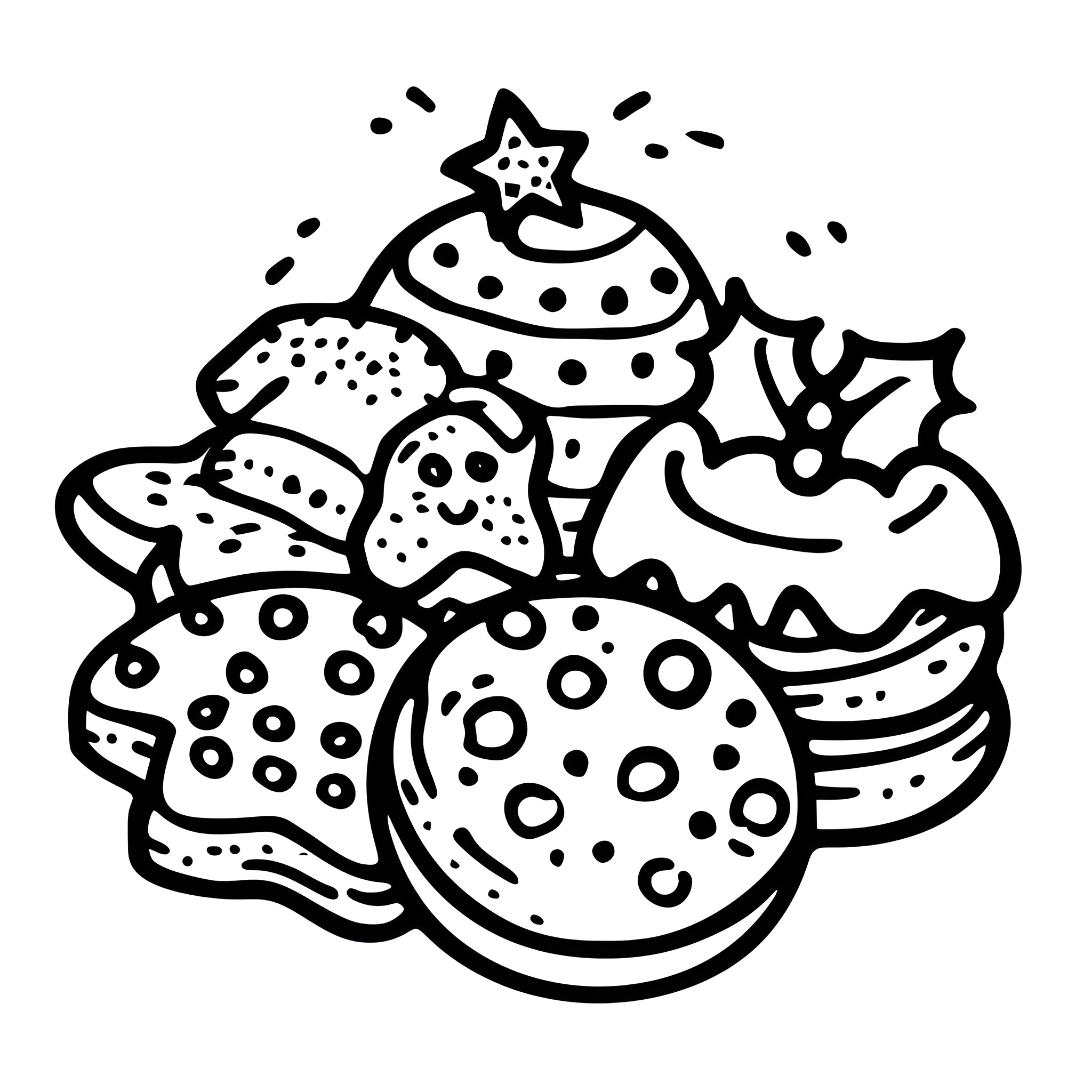 Christmas Card with Whimsical Holiday Treats Drawing Idea (free black-and-white line drawing printable PDF for all, from beginners to advanced learners, including children, teens, adults, and seniors)