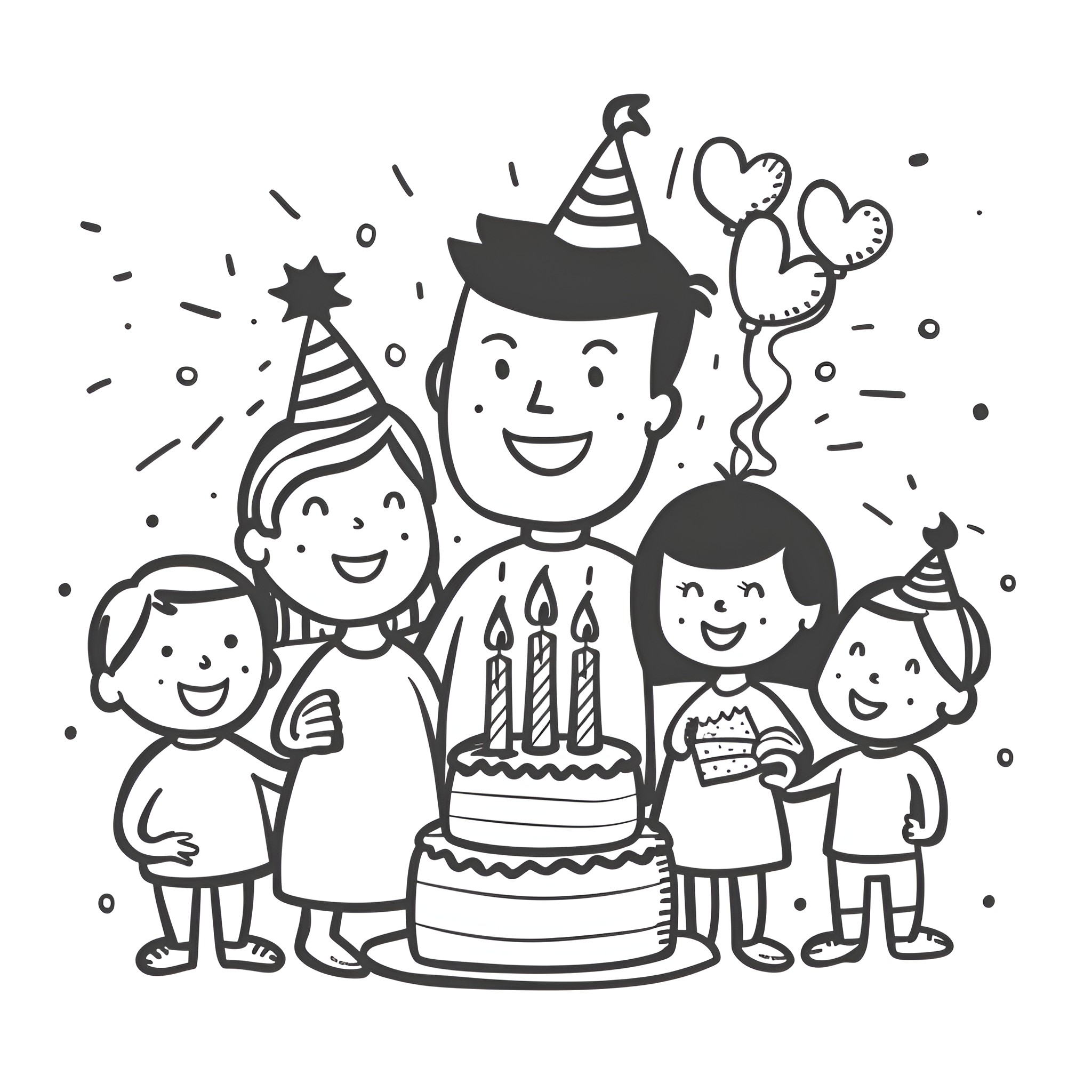 Birthday Card with Family Celebration Drawing Idea (free black-and-white line drawing printable PDF for all, from beginners to advanced learners, including children, teens, adults, and seniors)