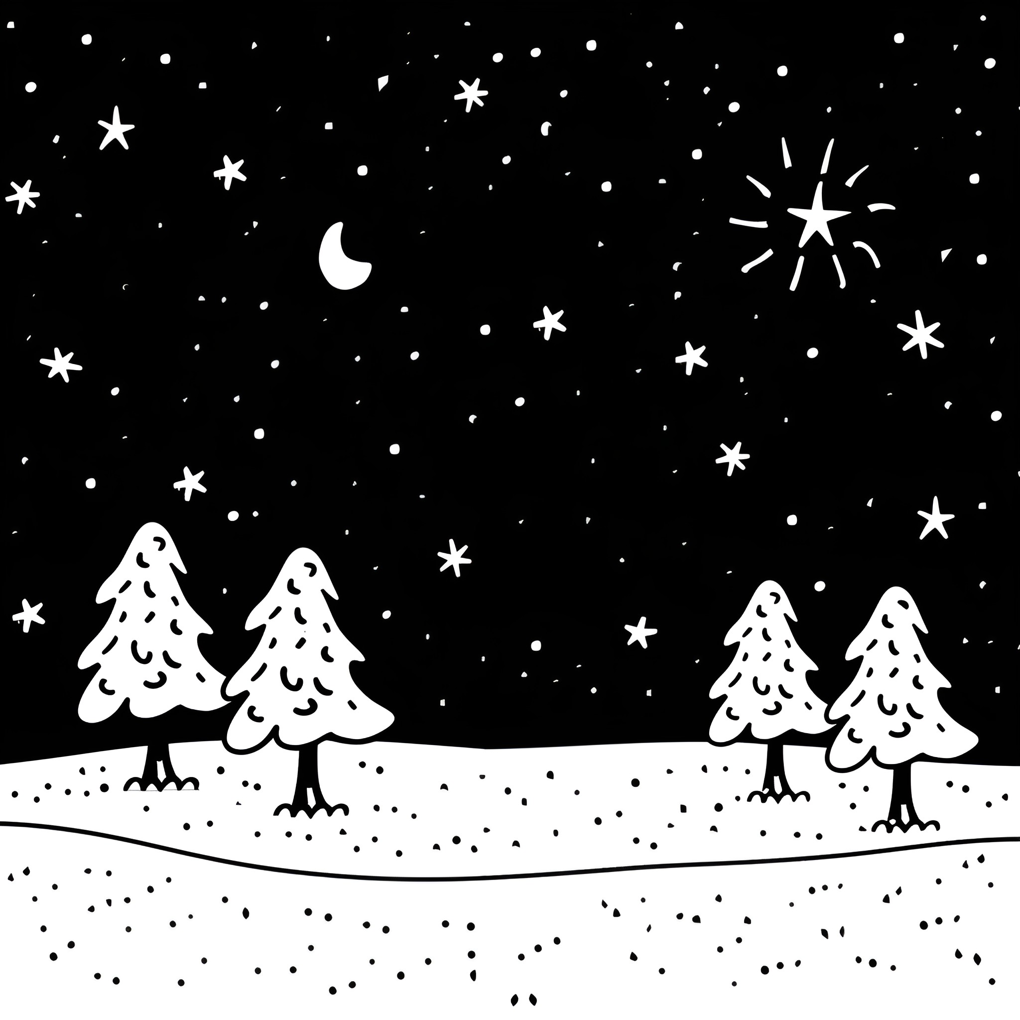 Winter landscape with trees and night sky Drawing Idea (free black-and-white line drawing printable PDF for all, from beginners to advanced learners, including children, teens, adults, and seniors)
