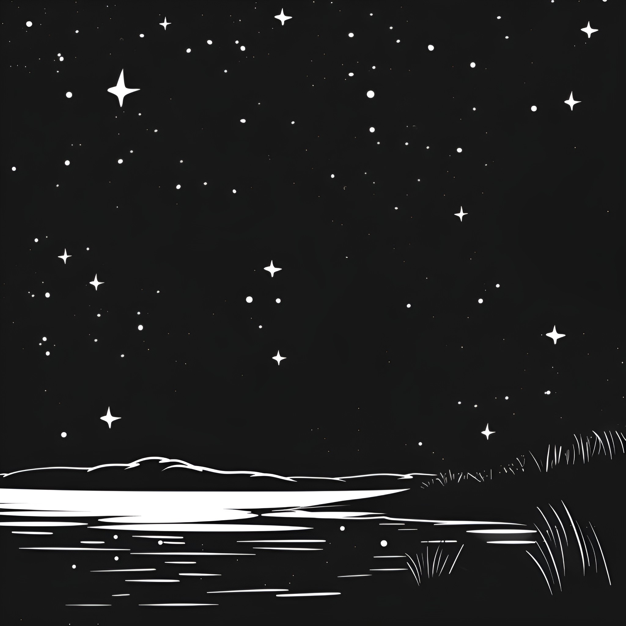 Nature's Starry Night Landscape Drawing Idea (free black-and-white line drawing printable PDF for all, from beginners to advanced learners, including children, teens, adults, and seniors)