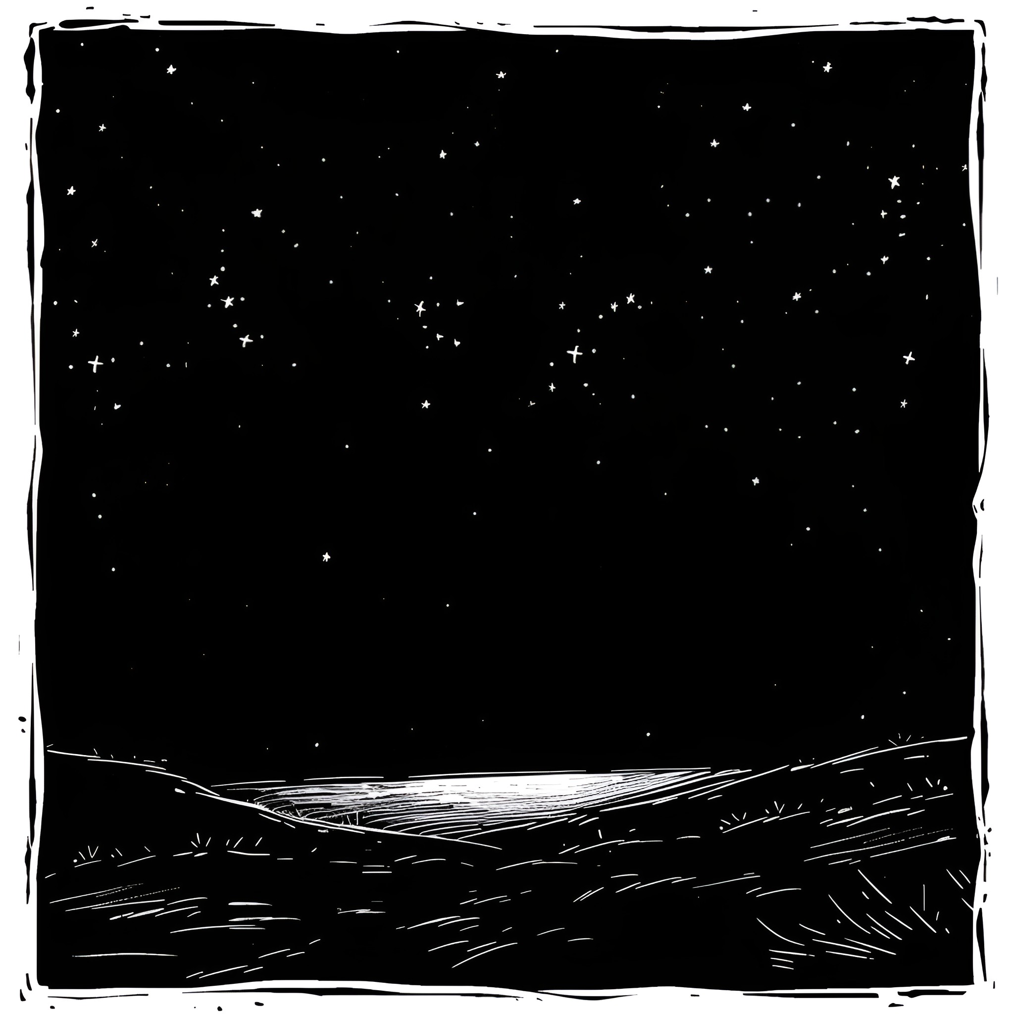 Nature's Starry Night Landscape Drawing Idea (free black-and-white line drawing printable PDF for all, from beginners to advanced learners, including children, teens, adults, and seniors)