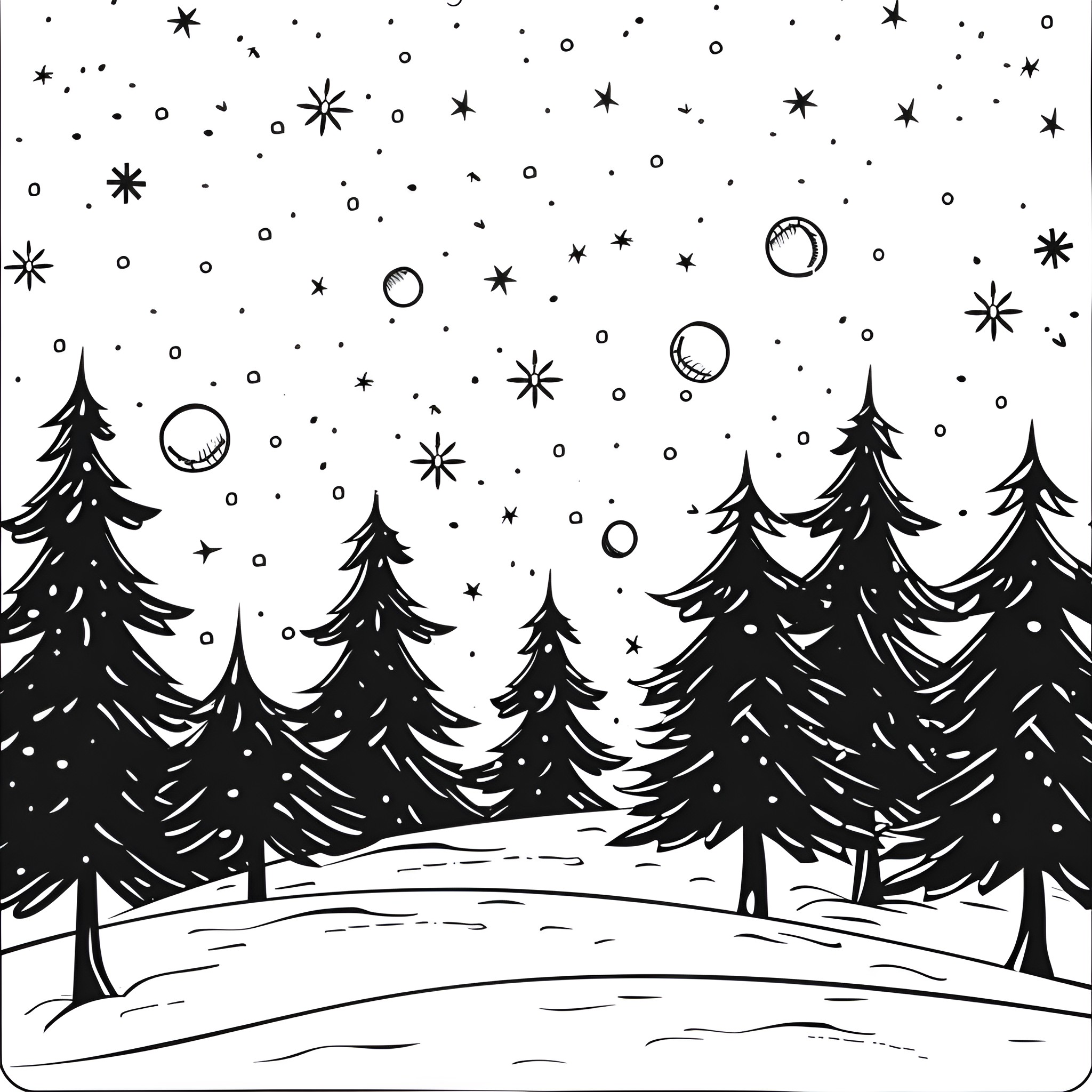 Winter Wonderland in the Snowy Forest Drawing Idea (free black-and-white line drawing printable PDF for all, from beginners to advanced learners, including children, teens, adults, and seniors)