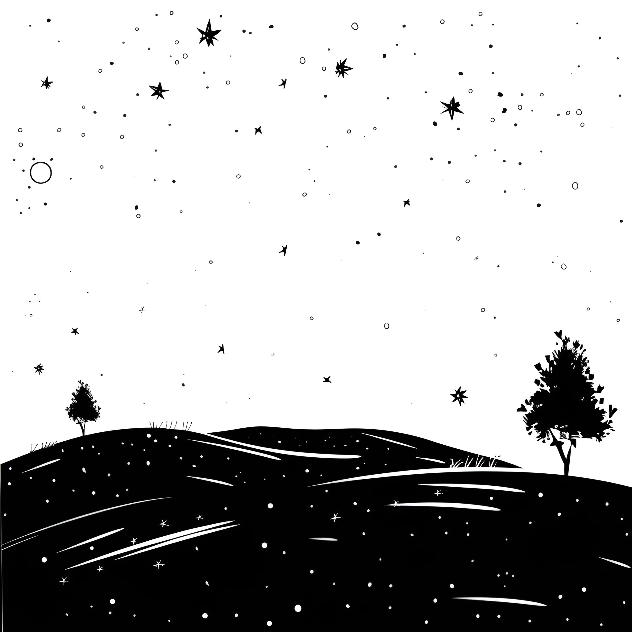 Nature Under the Starry Night Drawing Idea (free black-and-white line drawing printable PDF for all, from beginners to advanced learners, including children, teens, adults, and seniors)