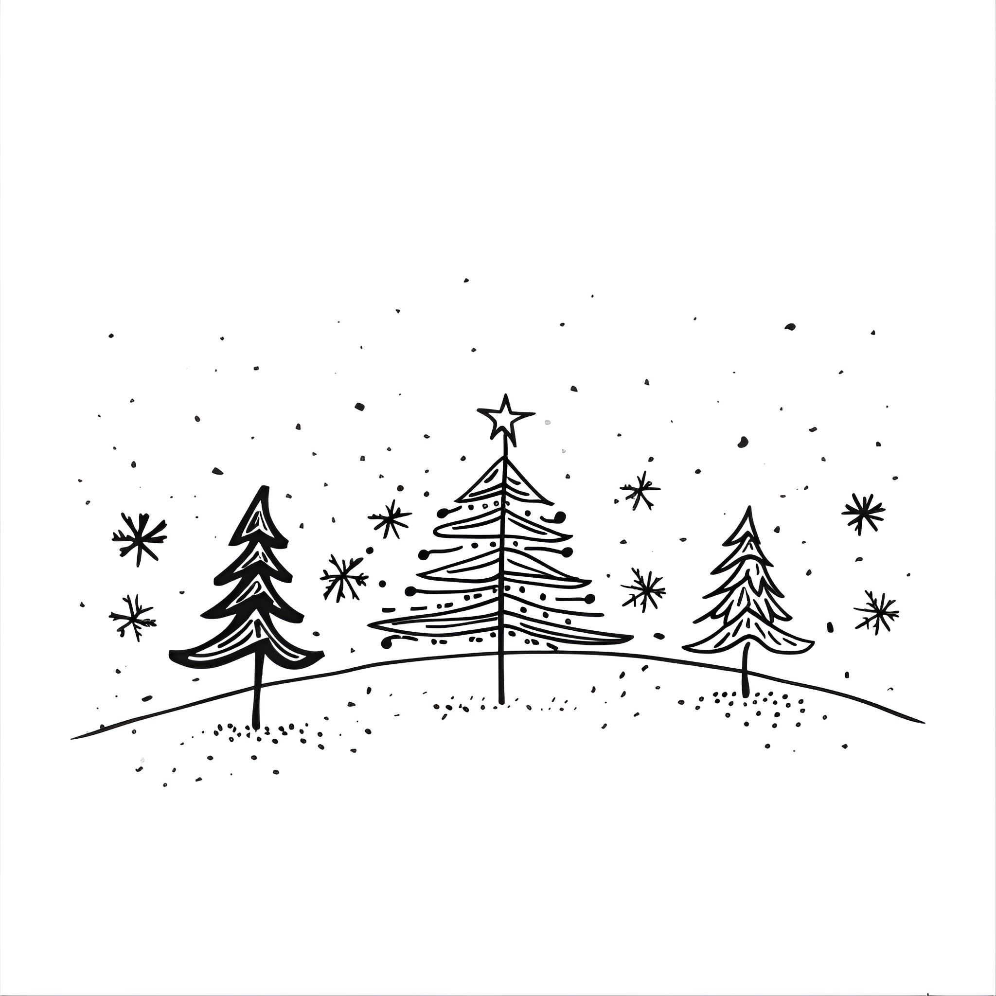 Christmas Card with Festive Forest Scene Drawing Idea (free black-and-white line drawing printable PDF for all, from beginners to advanced learners, including children, teens, adults, and seniors)