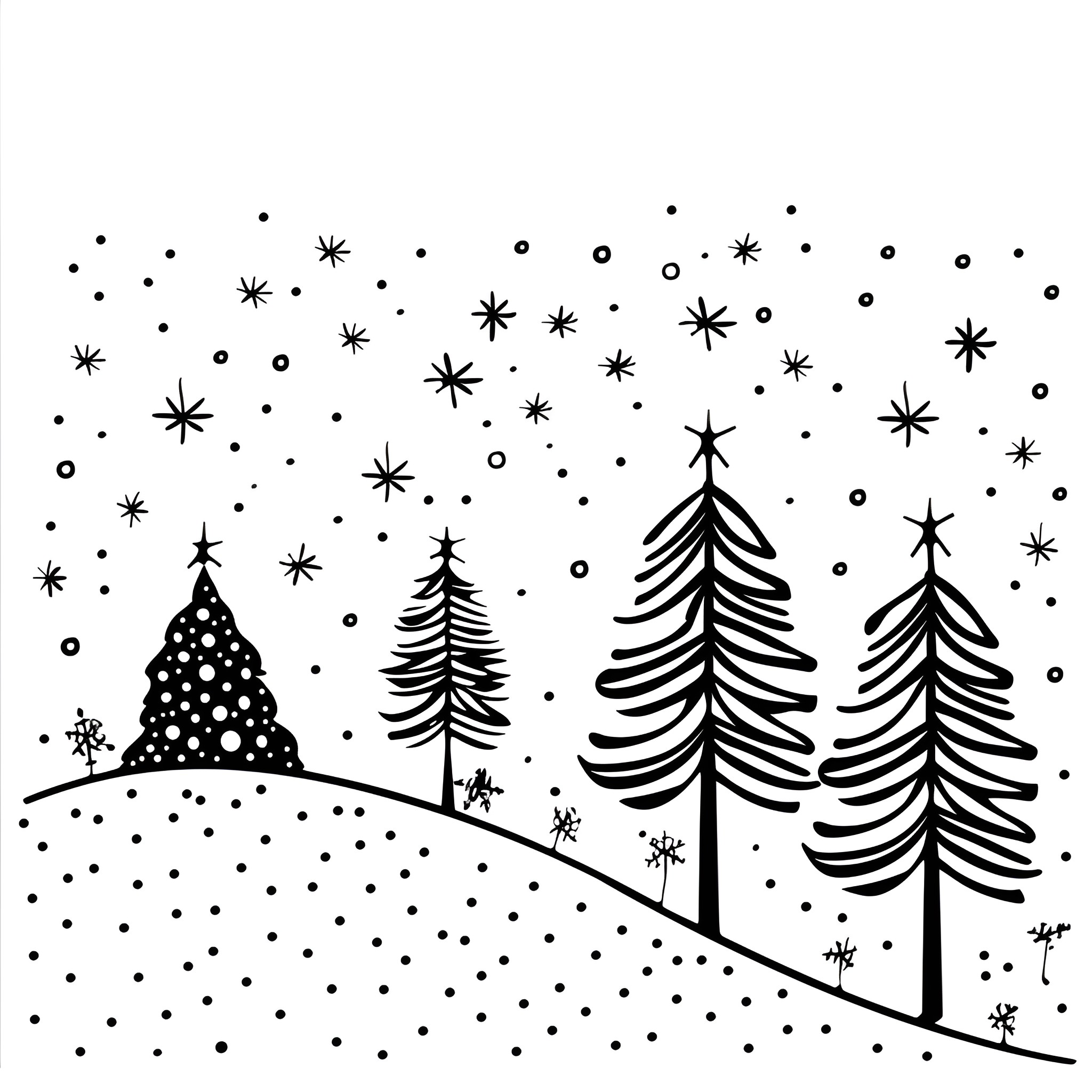 Christmas Card with Whimsical Trees and Snowfall Drawing Idea (free black-and-white line drawing printable PDF for all, from beginners to advanced learners, including children, teens, adults, and seniors)