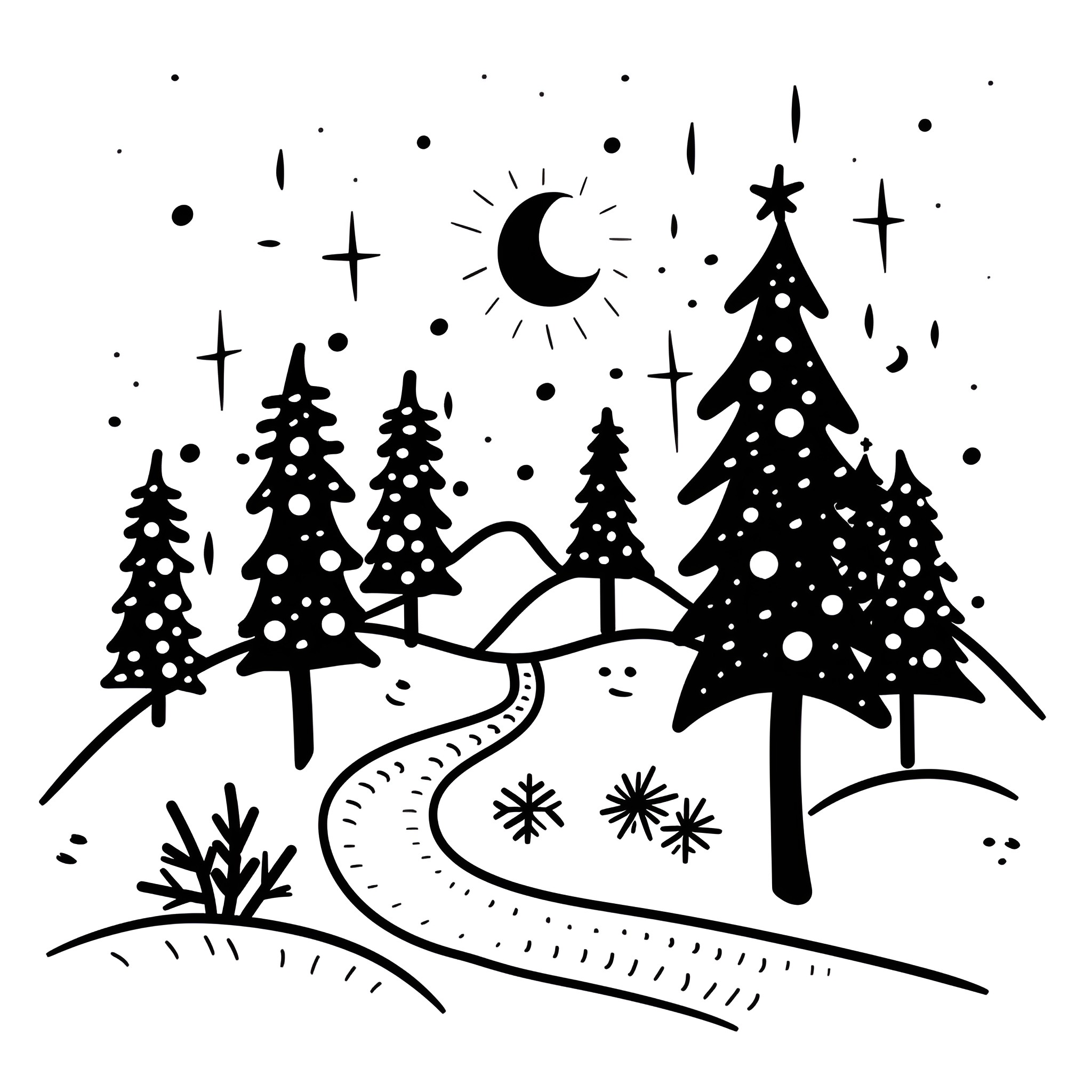 Christmas Card Depicting Snowy Landscape with Trees Drawing Idea (free black-and-white line drawing printable PDF for all, from beginners to advanced learners, including children, teens, adults, and seniors)