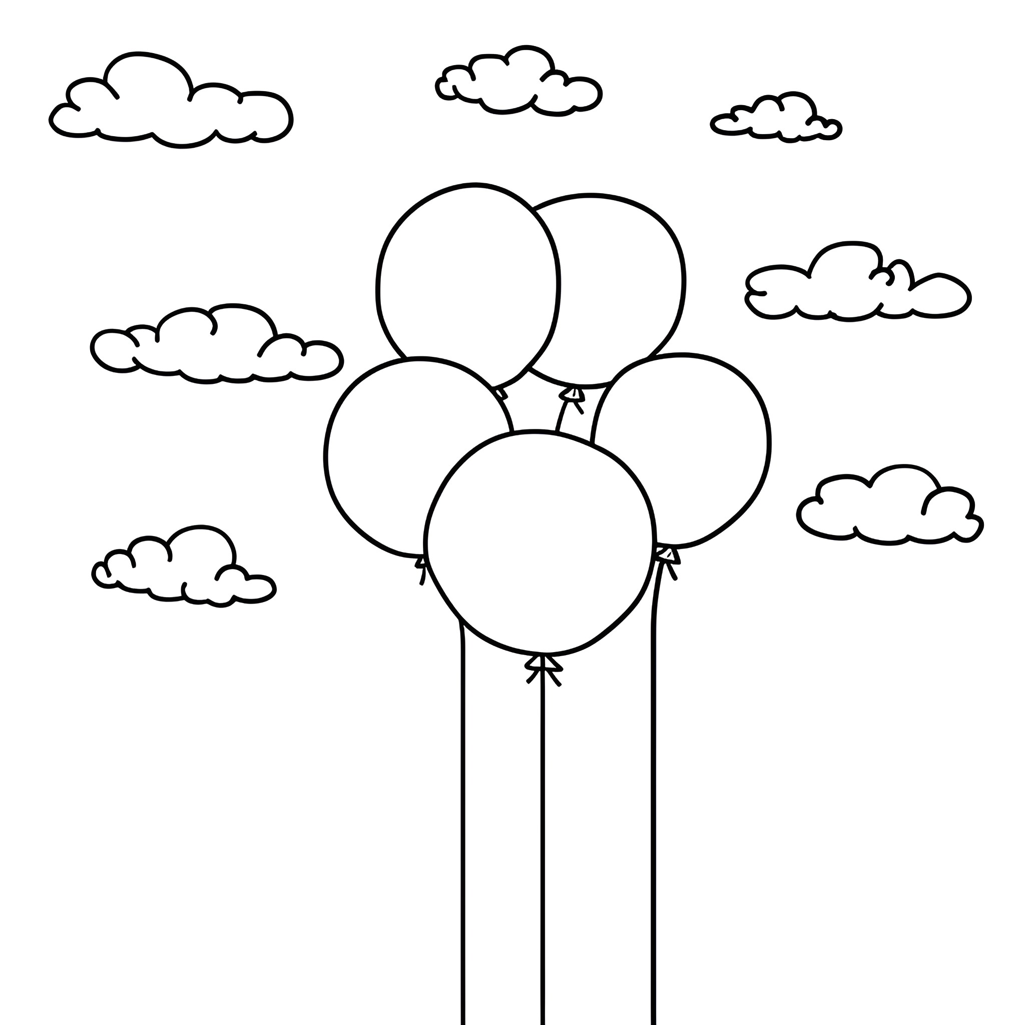 Birthday Card with Balloons and Clouds Drawing Idea (free black-and-white line drawing printable PDF for all, from beginners to advanced learners, including children, teens, adults, and seniors)