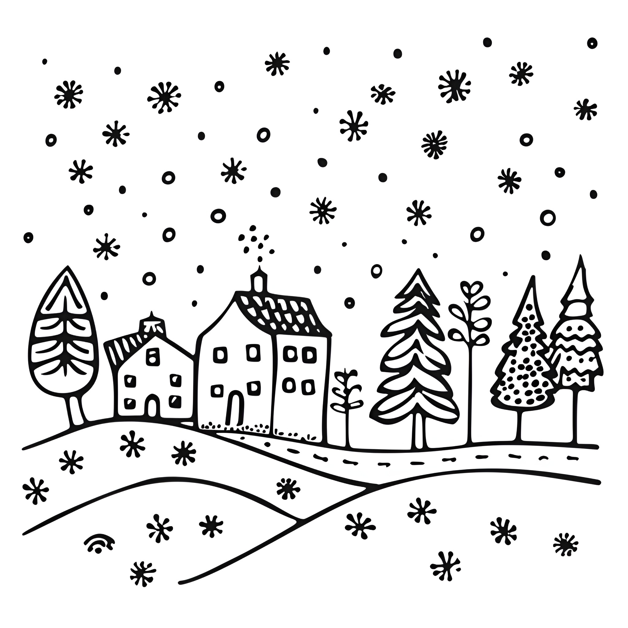 Christmas Card with Whimsical Winter Landscape Drawing Idea (free black-and-white line drawing printable PDF for all, from beginners to advanced learners, including children, teens, adults, and seniors)