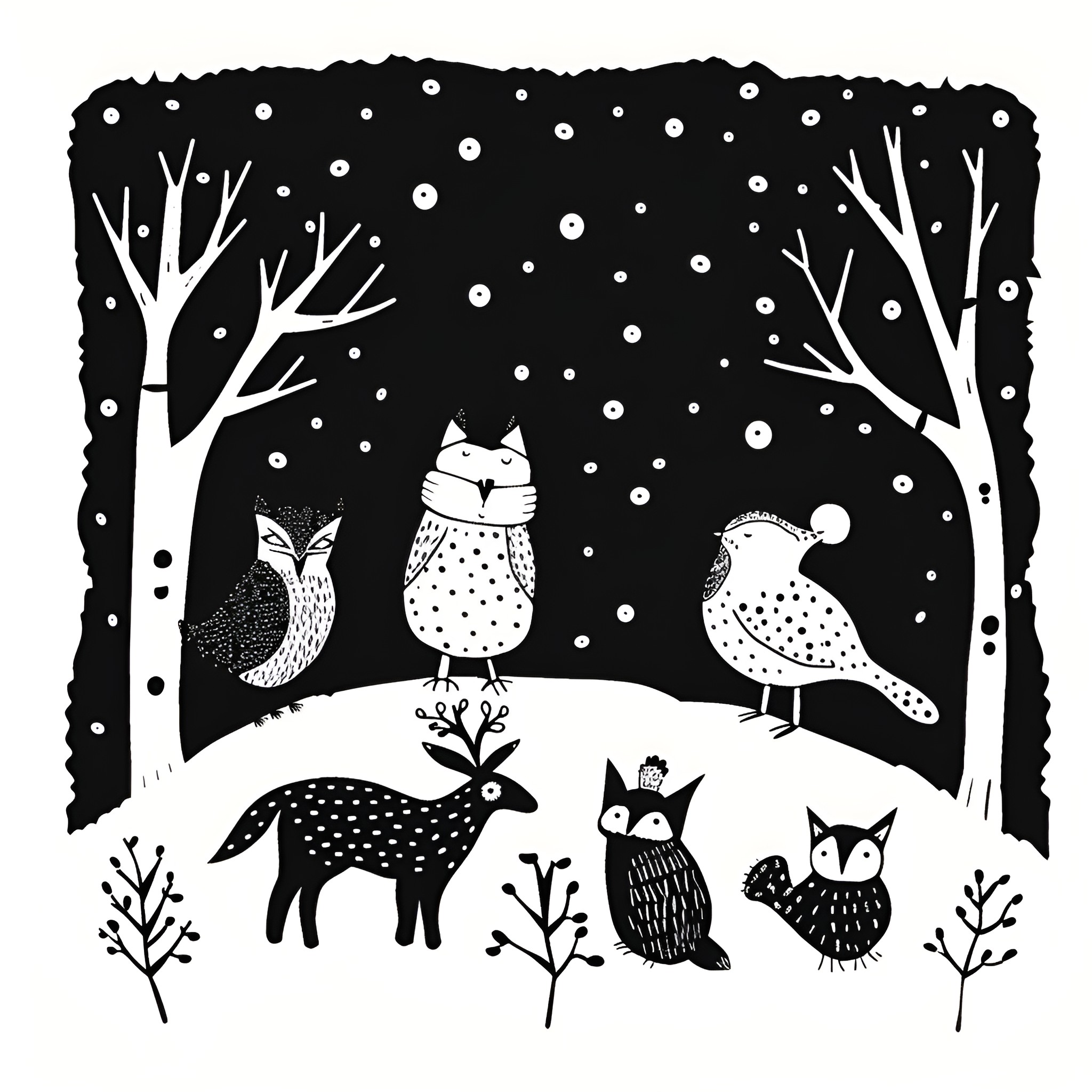 Winter woodland animals in snowy night scene Drawing Idea (free black-and-white line drawing printable PDF for all, from beginners to advanced learners, including children, teens, adults, and seniors)