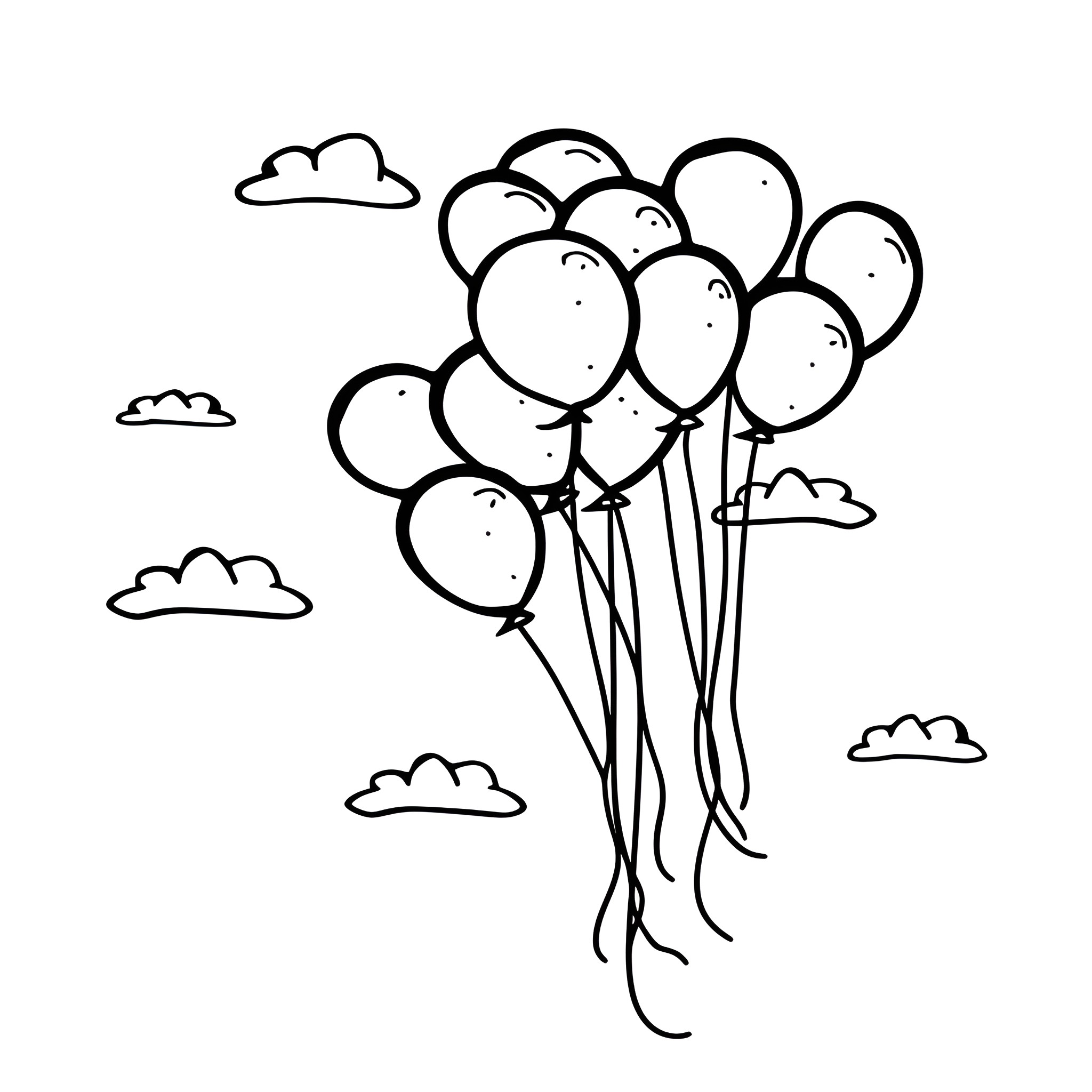 Birthday Card with Floating Balloons Drawing Idea (free black-and-white line drawing printable PDF for all, from beginners to advanced learners, including children, teens, adults, and seniors)