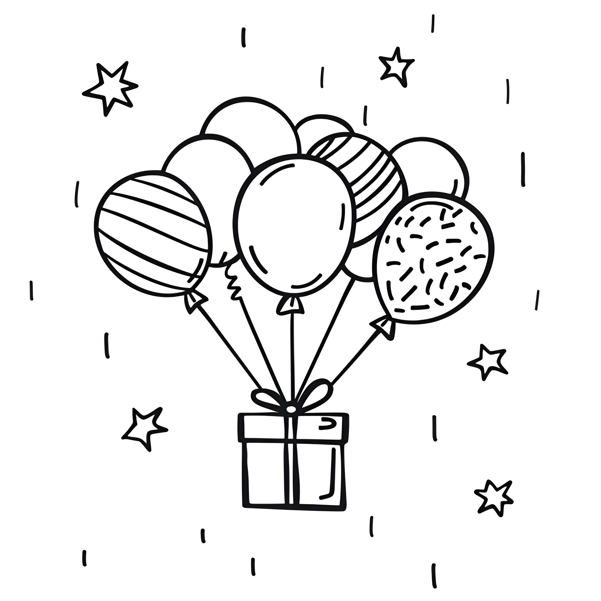 Birthday Card with Festive Balloons and Gift Drawing Idea (free black-and-white line drawing printable PDF for all, from beginners to advanced learners, including children, teens, adults, and seniors)