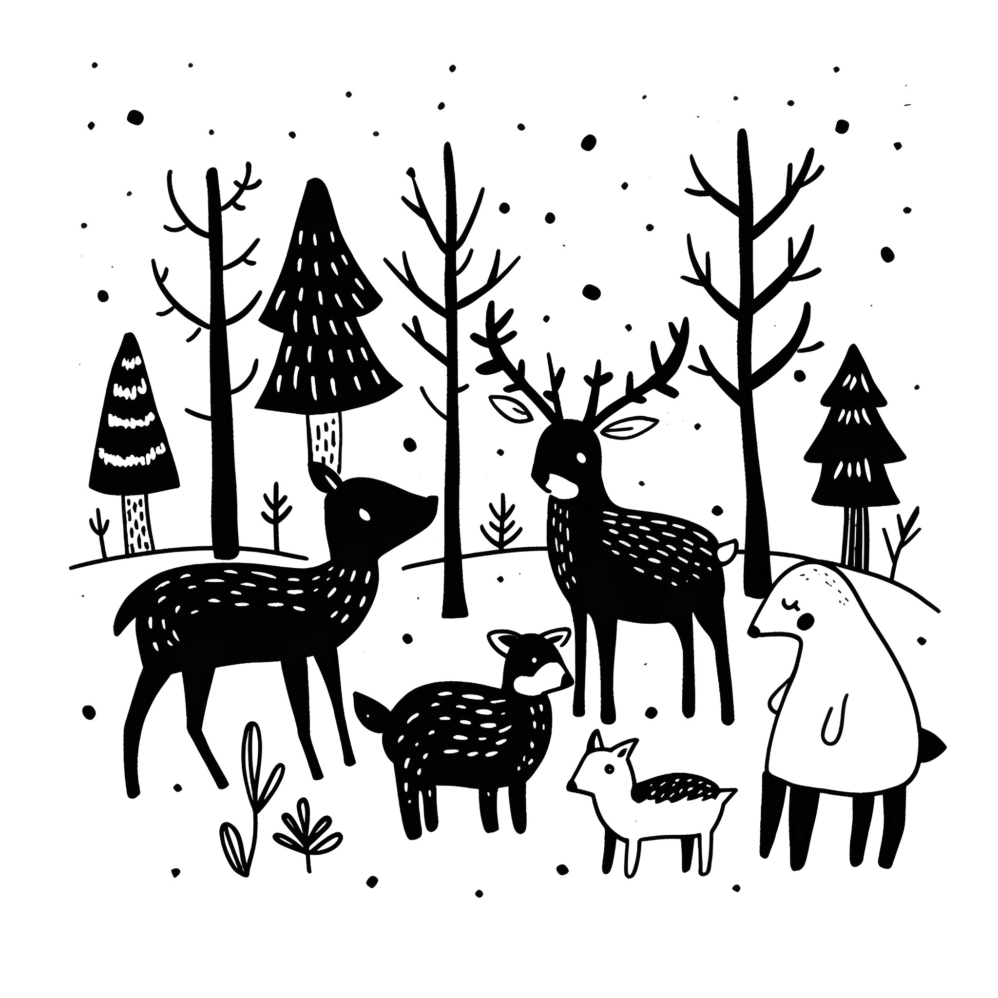 Winter woodland animals in snowy forest Drawing Idea (free black-and-white line drawing printable PDF for all, from beginners to advanced learners, including children, teens, adults, and seniors)