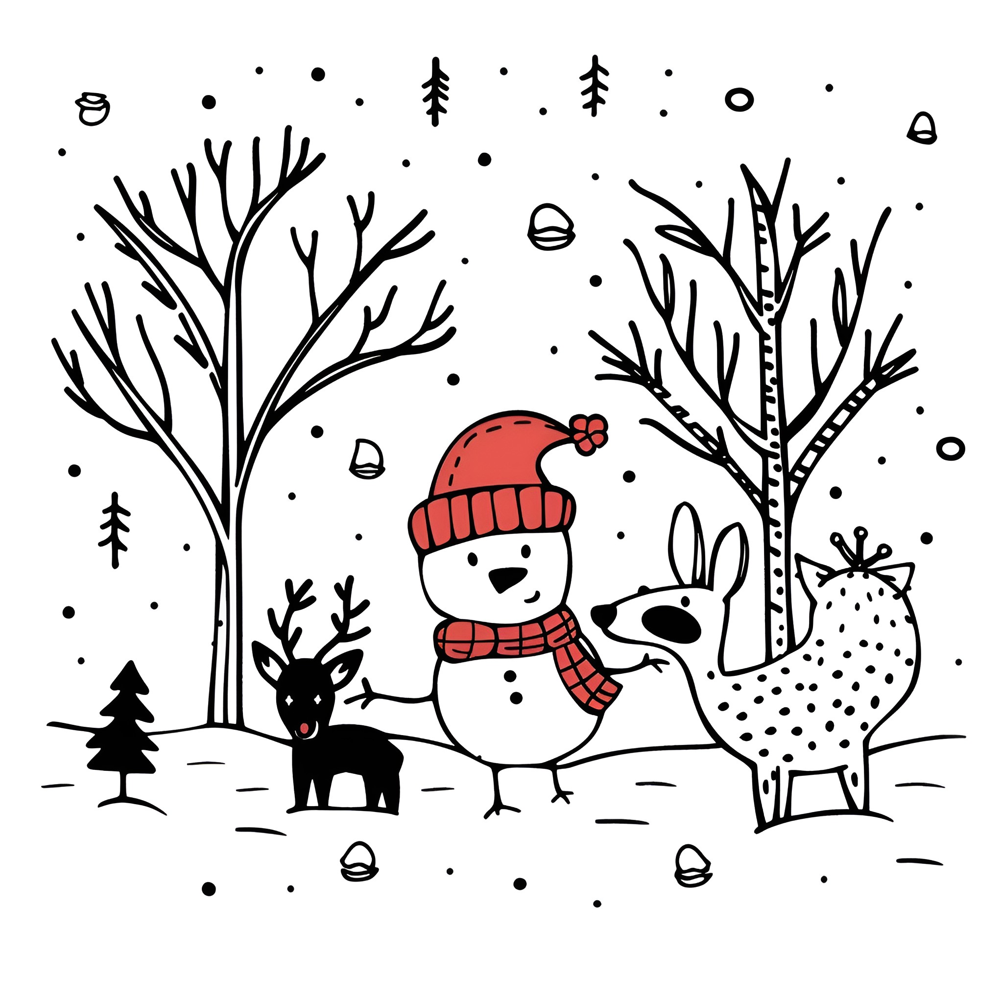 Winter friends in the snowy forest Drawing Idea (free black-and-white line drawing printable PDF for all, from beginners to advanced learners, including children, teens, adults, and seniors)