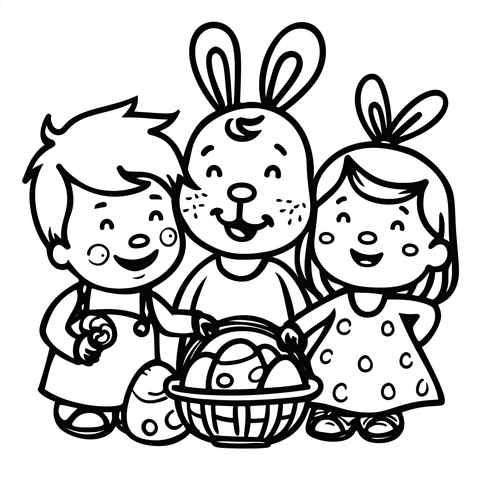 Easter celebration with smiling children and bunny Drawing Idea (free black-and-white line drawing printable PDF for all, from beginners to advanced learners, including children, teens, adults, and seniors)
