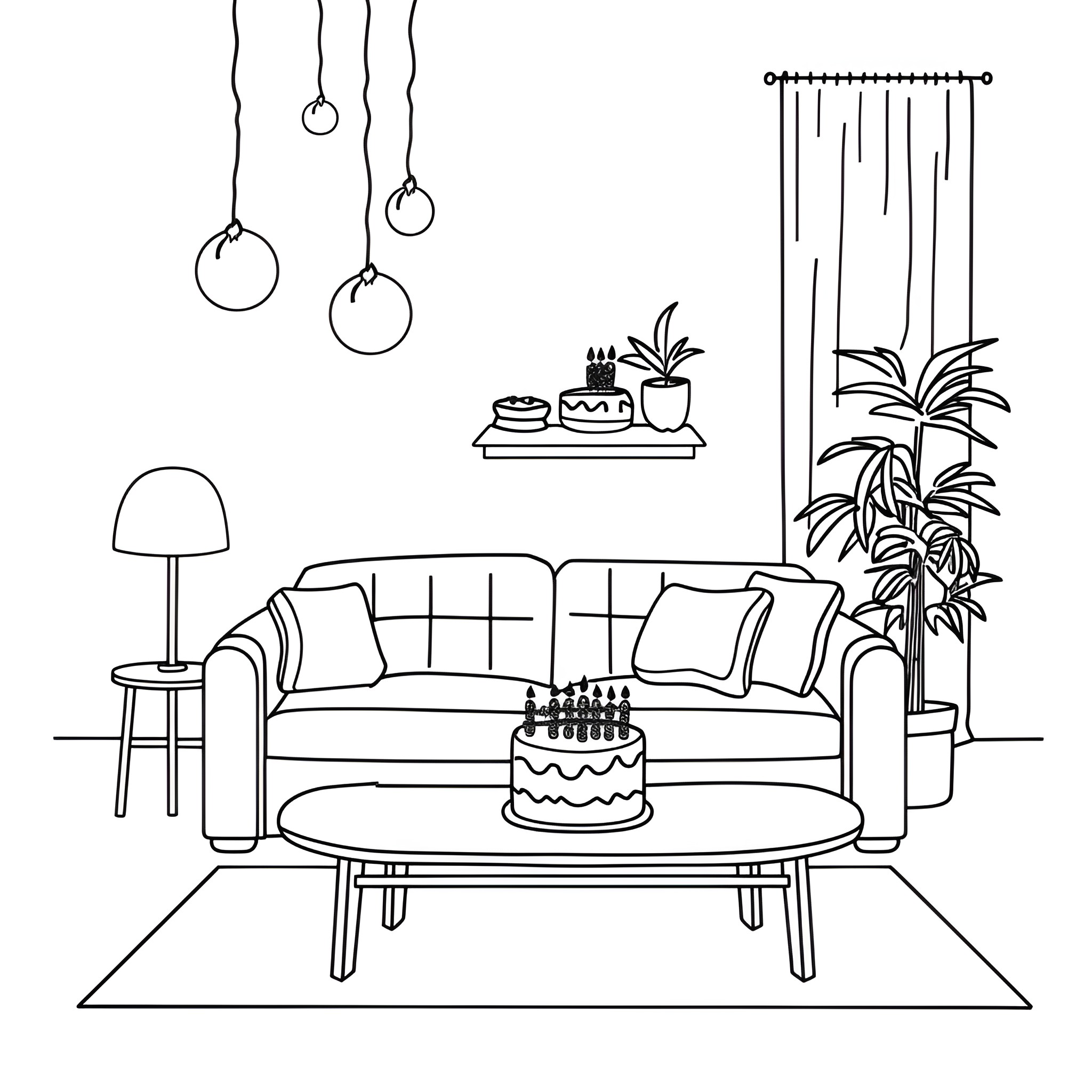 Birthday Card with Cozy Living Room Scene Drawing Idea (free black-and-white line drawing printable PDF for all, from beginners to advanced learners, including children, teens, adults, and seniors)