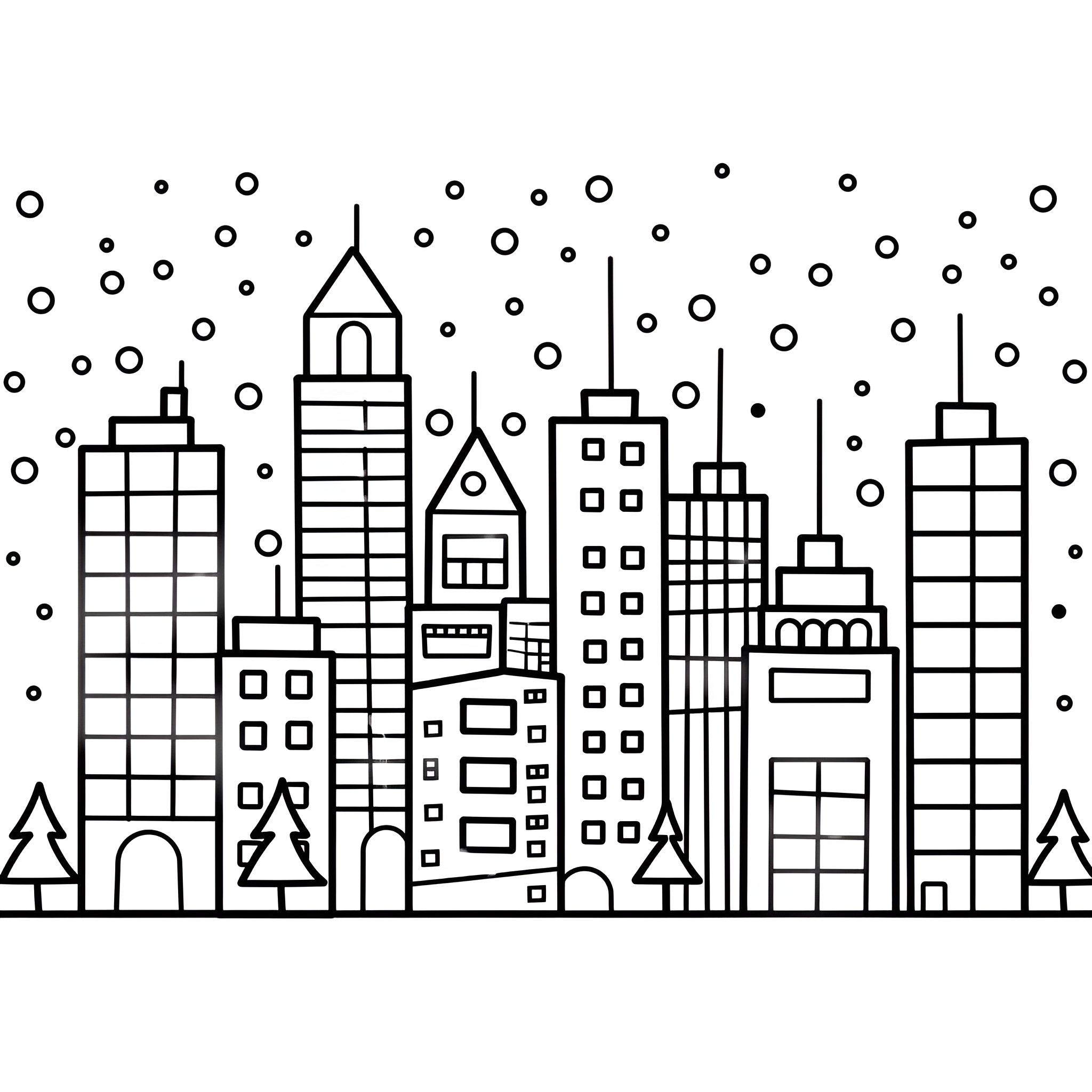 Winter cityscape at night Drawing Idea (free black-and-white line drawing printable PDF for all, from beginners to advanced learners, including children, teens, adults, and seniors)