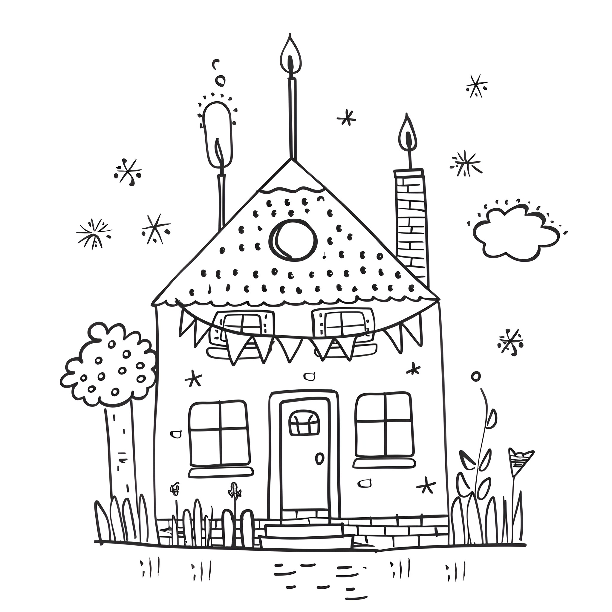 Birthday Card whimsical house with decorations Drawing Idea (free black-and-white line drawing printable PDF for all, from beginners to advanced learners, including children, teens, adults, and seniors)