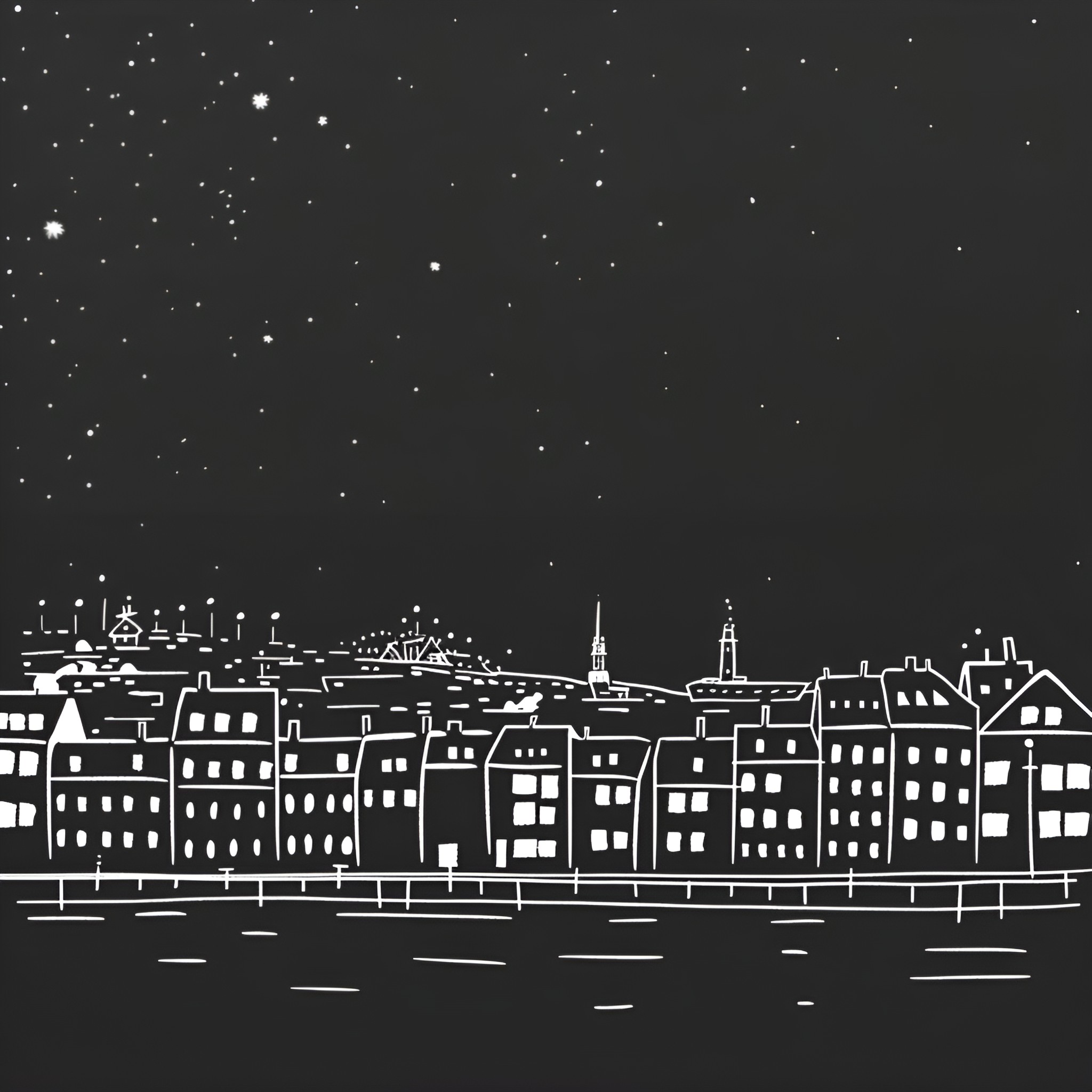 Winter cityscape on starry night Drawing Idea (free black-and-white line drawing printable PDF for all, from beginners to advanced learners, including children, teens, adults, and seniors)