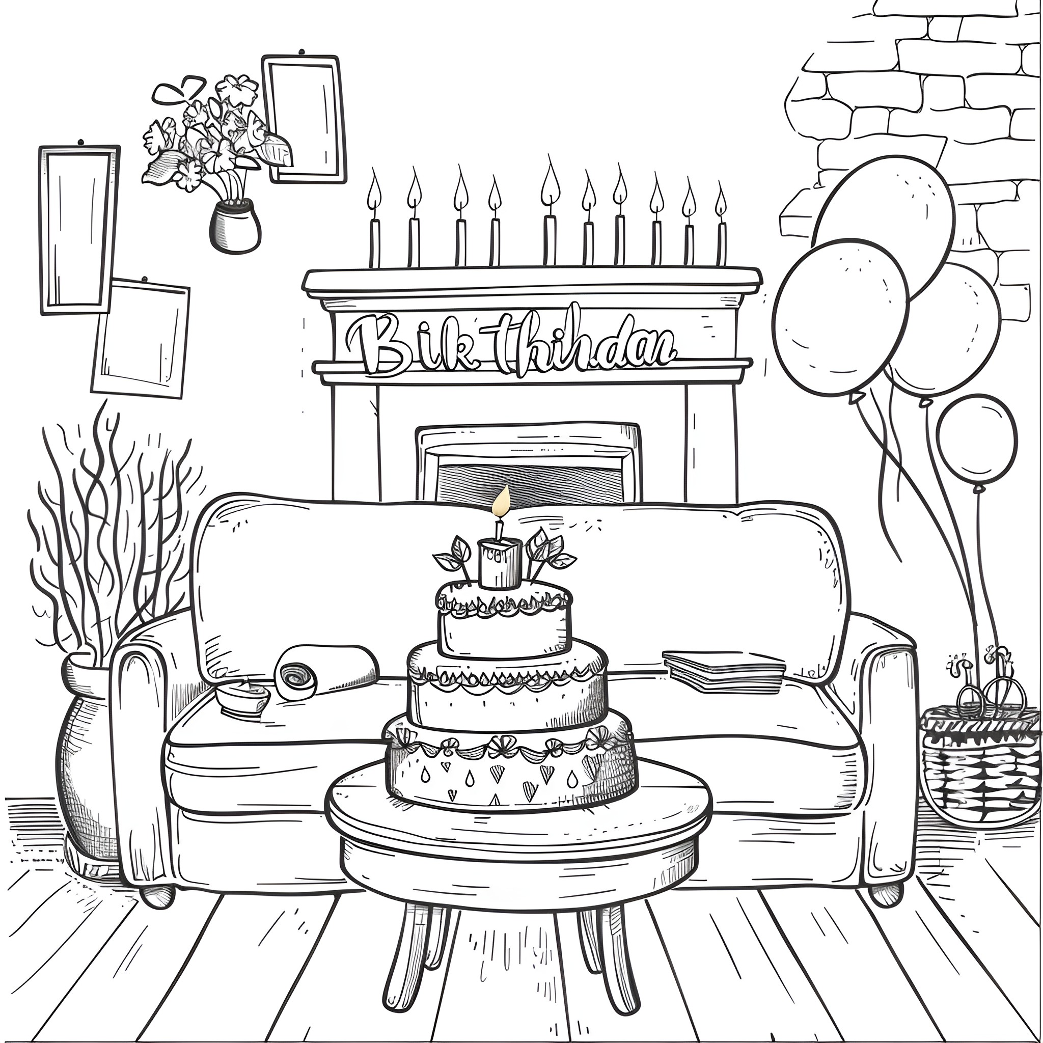 Birthday Card with Festive Cake and Decorations Drawing Idea (free black-and-white line drawing printable PDF for all, from beginners to advanced learners, including children, teens, adults, and seniors)