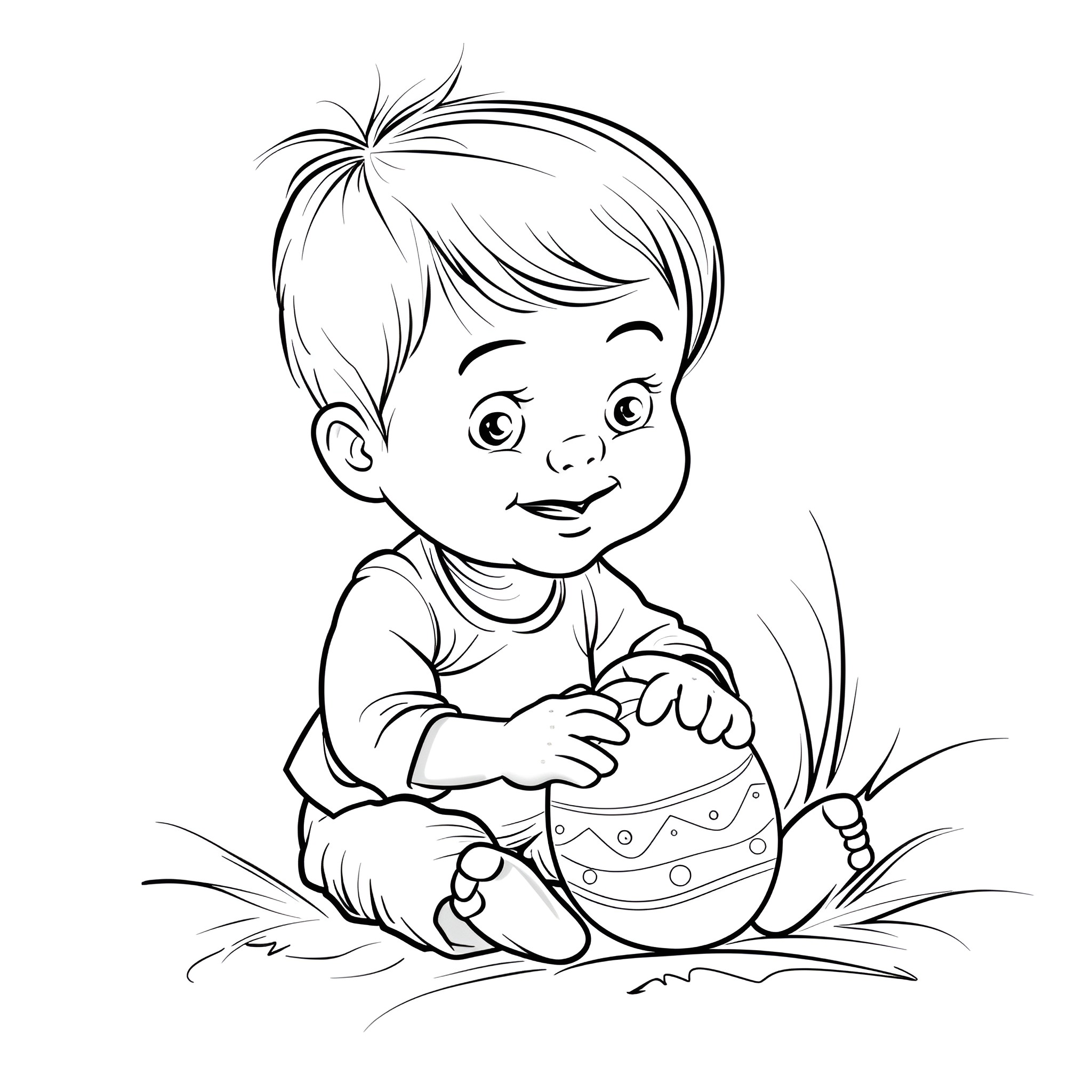 Easter child playing with egg Drawing Idea (free black-and-white line drawing printable PDF for all, from beginners to advanced learners, including children, teens, adults, and seniors)