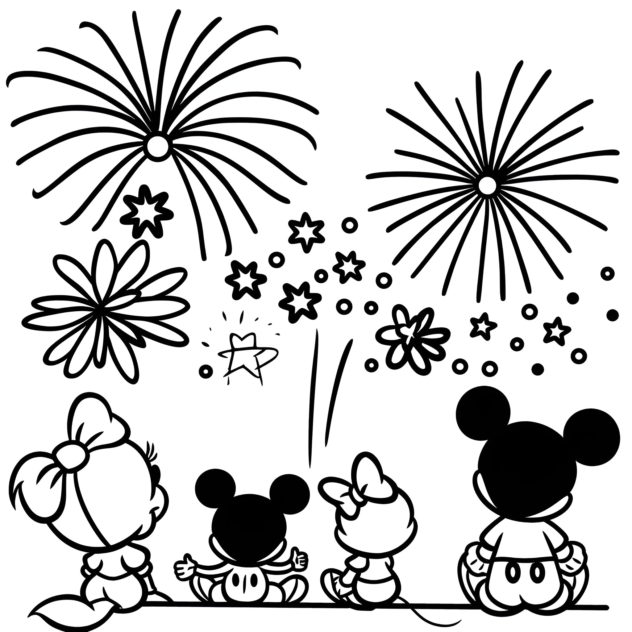 Disney characters celebrating with fireworks Drawing Idea (free black-and-white line drawing printable PDF for all, from beginners to advanced learners, including children, teens, adults, and seniors)