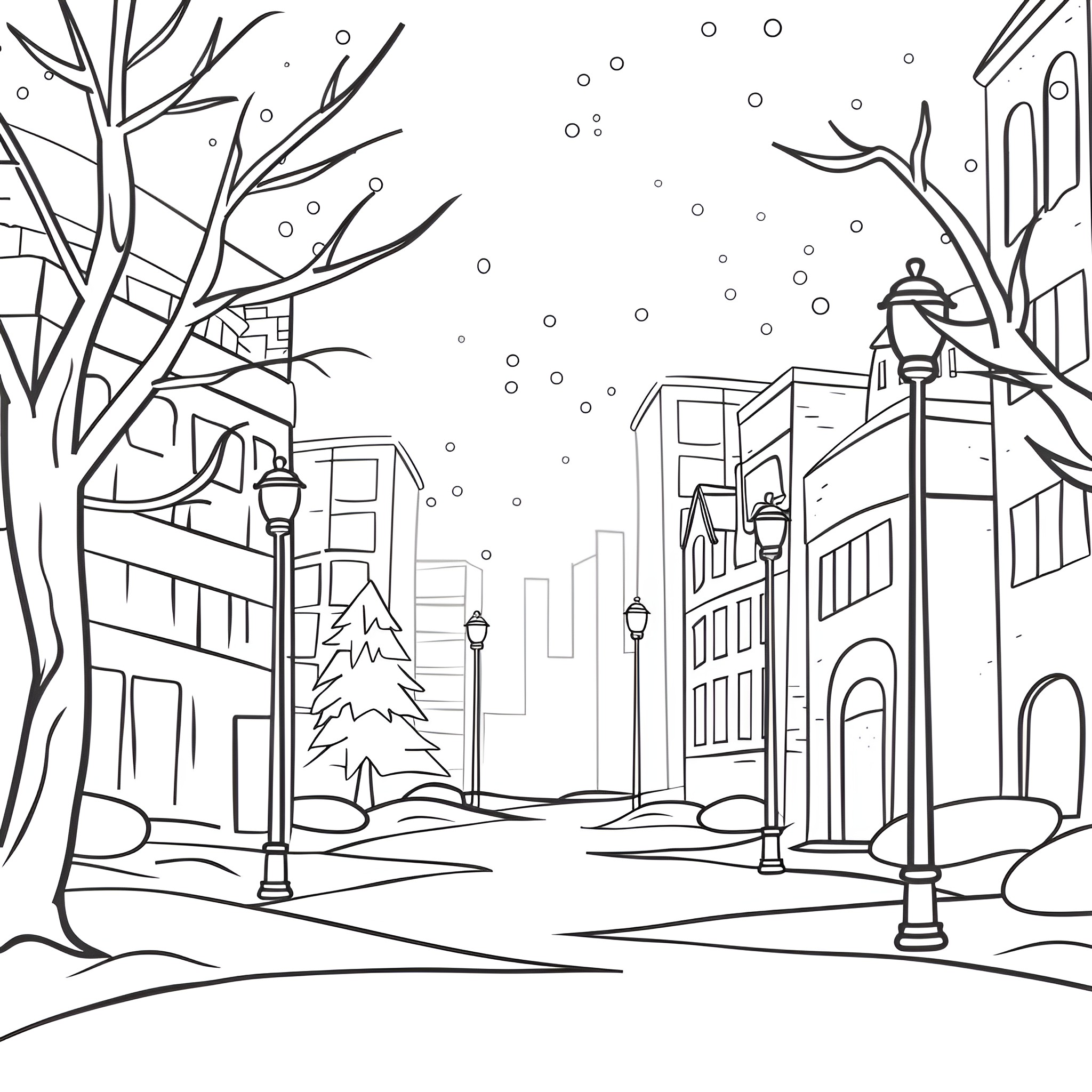 Winter cityscape with snowy streetlights Drawing Idea (free black-and-white line drawing printable PDF for all, from beginners to advanced learners, including children, teens, adults, and seniors)