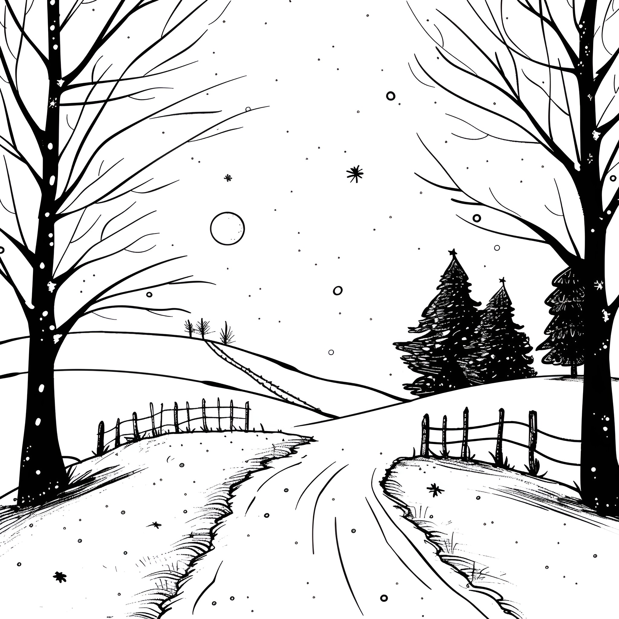 Christmas Card Snowy Winter Landscape with Trees Drawing Idea (free black-and-white line drawing printable PDF for all, from beginners to advanced learners, including children, teens, adults, and seniors)
